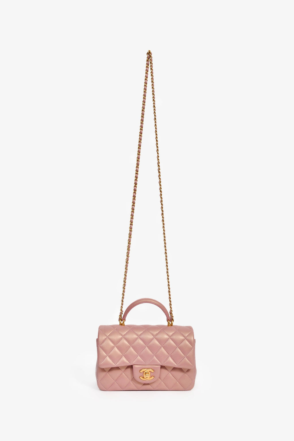 Pre-Loved Chanel™ 2021P Rose Iridescent Quilted Lambskin Mini Rectangle Top Handle