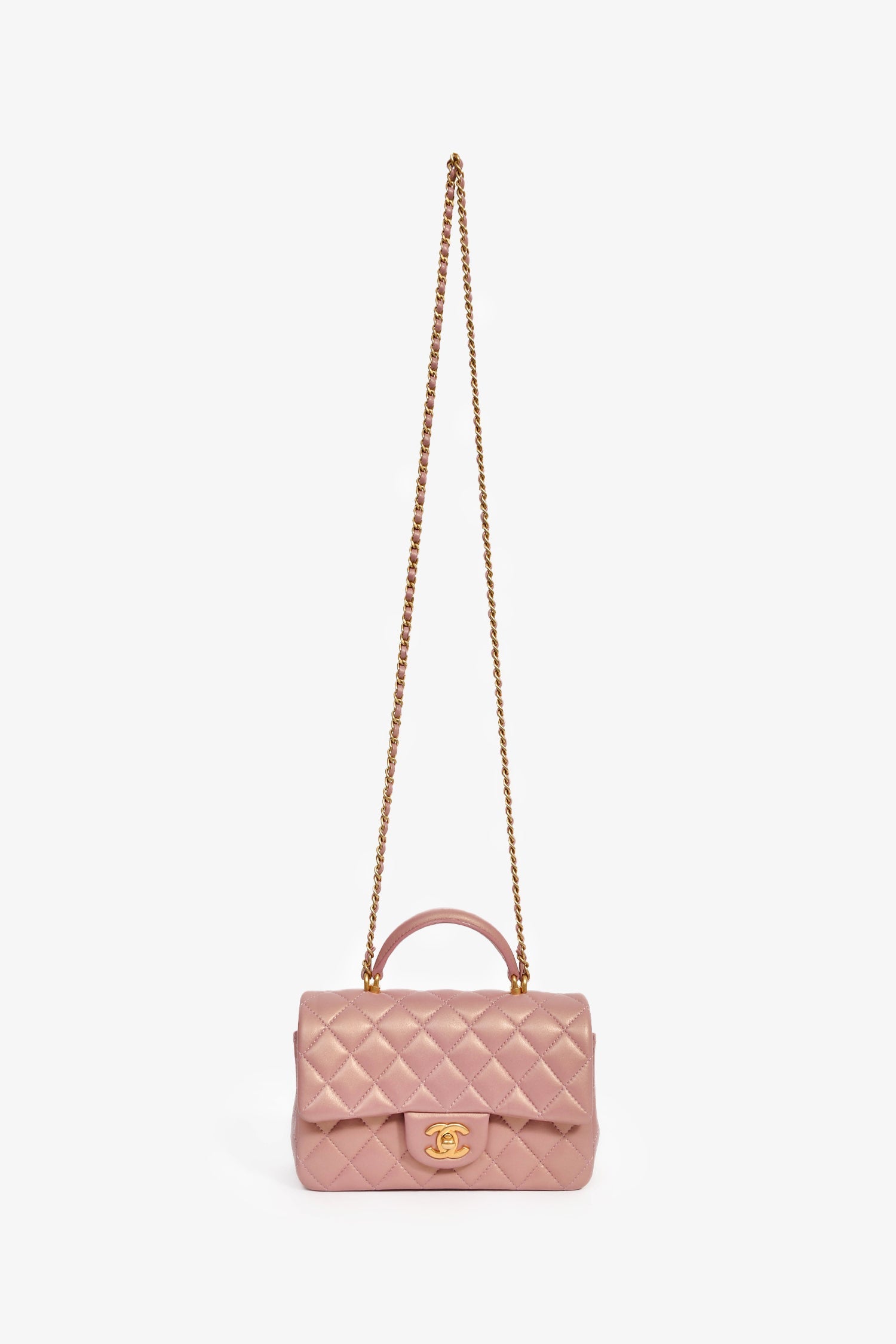 Pre-Loved Chanel™ 2021P Rose Iridescent Quilted Lambskin Mini Rectangle Top Handle