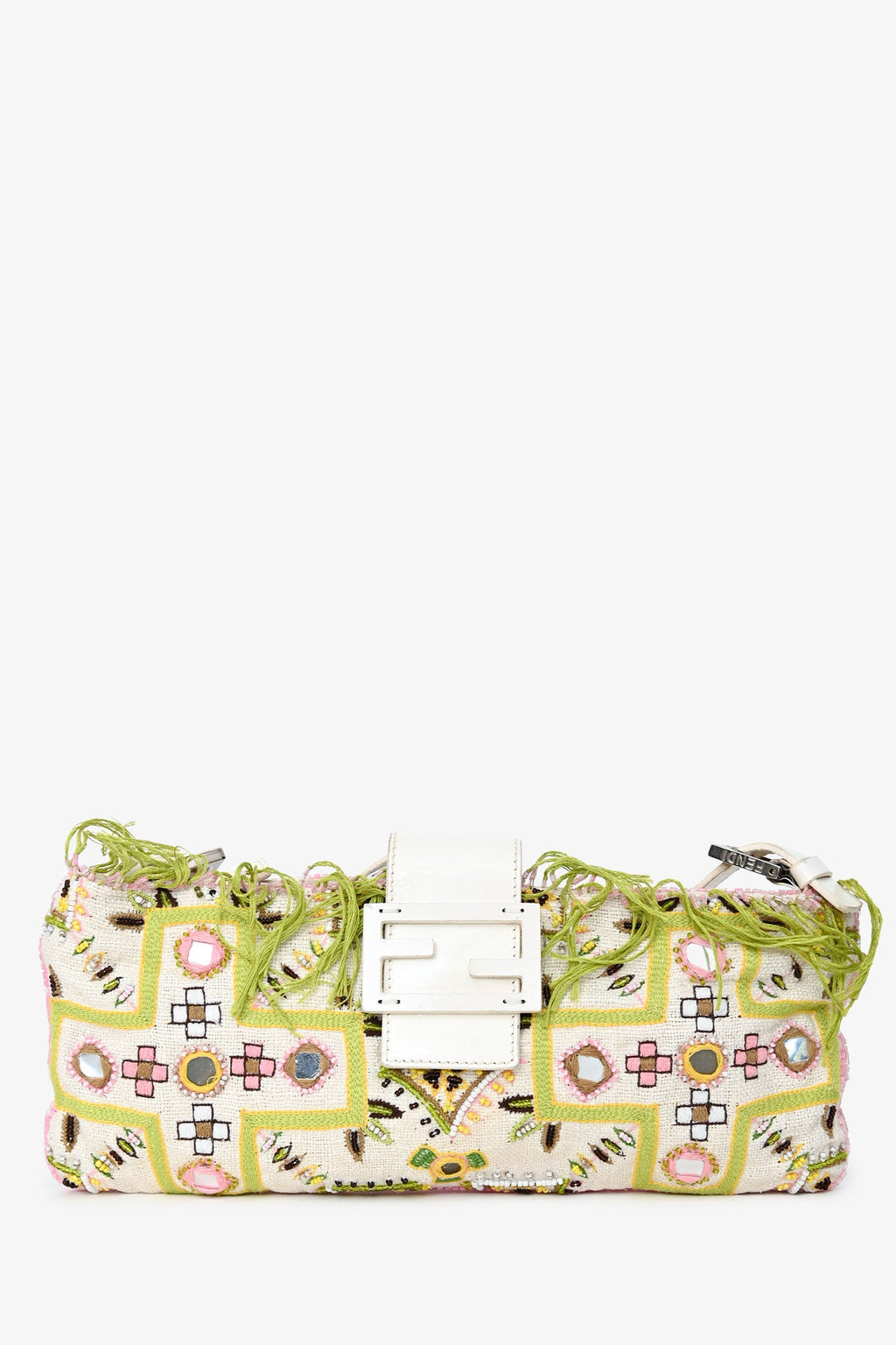 Fendi Limited Edition White/Green Fringe Beaded Embroidery Baguette Pochette