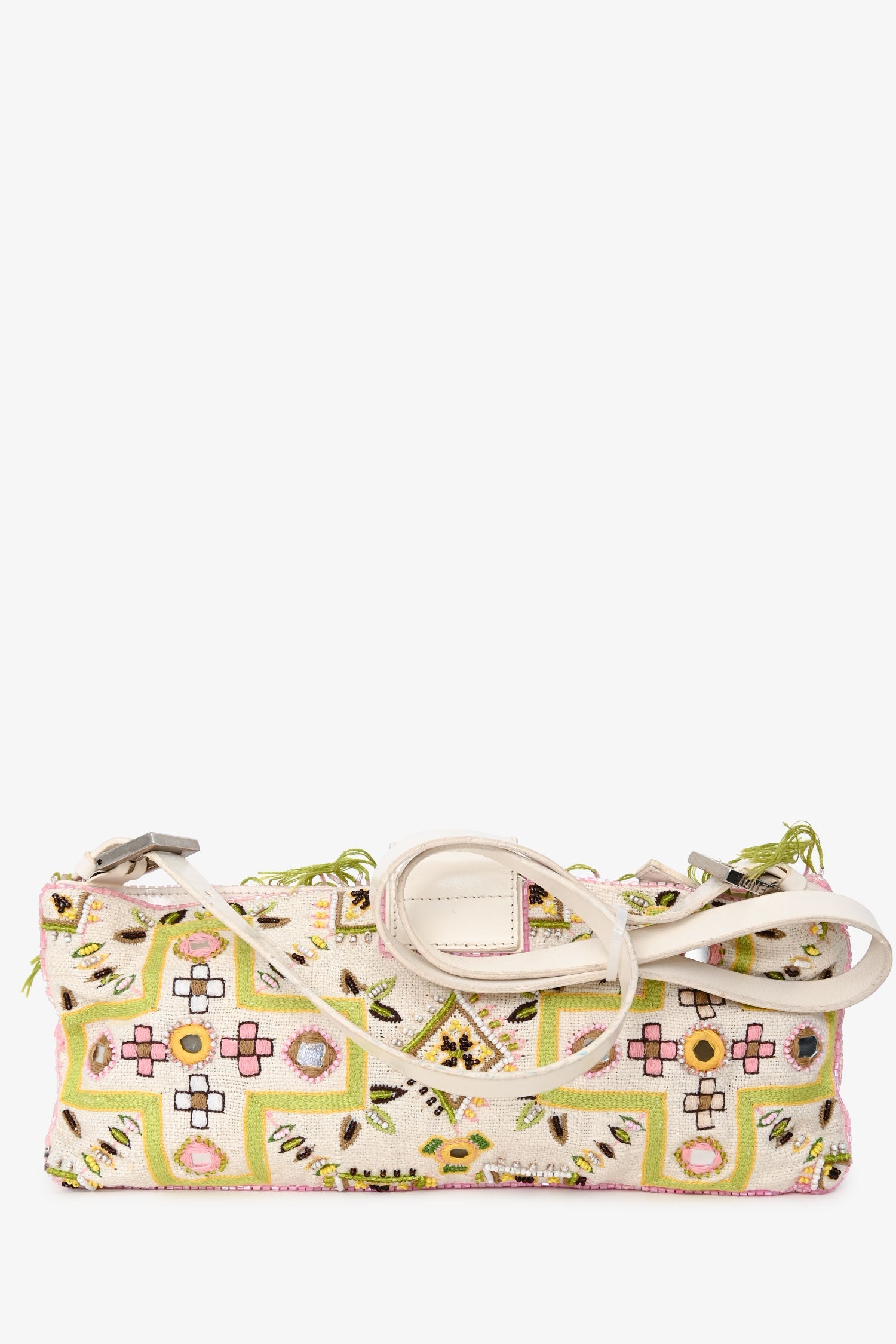 Fendi Limited Edition White/Green Fringe Beaded Embroidery Baguette Pochette