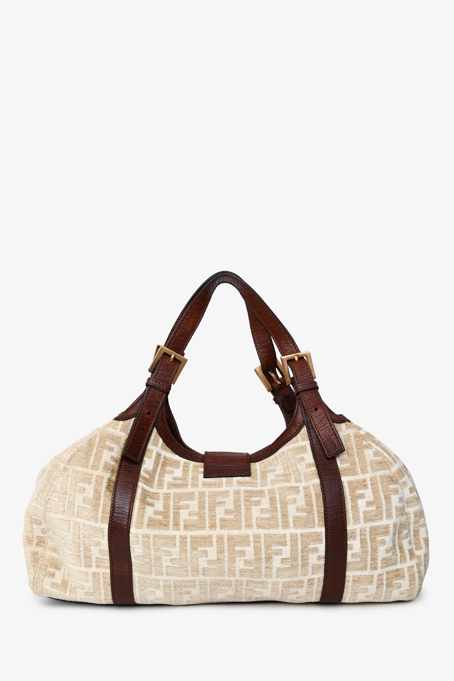 Fendi Beige/Brown Velvet/Leather Zucca Baguette Hobo Bag