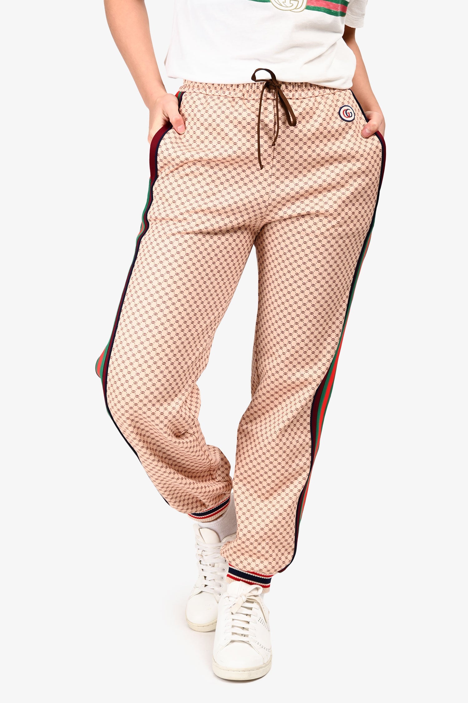 Gucci Cream/Burgundy GG Web Side Track Pants Size XS