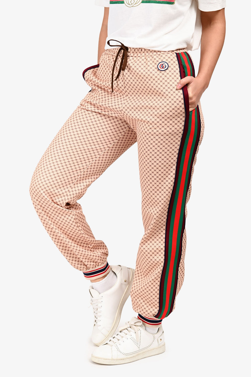 Gucci Cream/Burgundy GG Web Side Track Pants Size XS