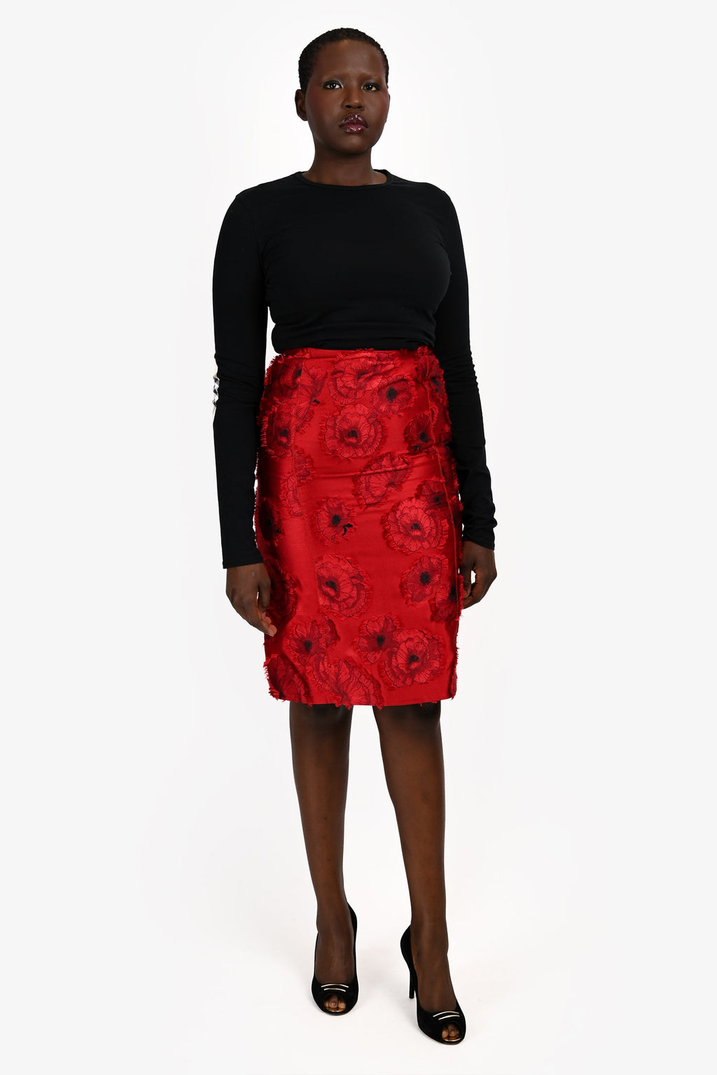 Oscar De La Renta Red Silk Blend Floral Applique Pencil Skirt Size 4