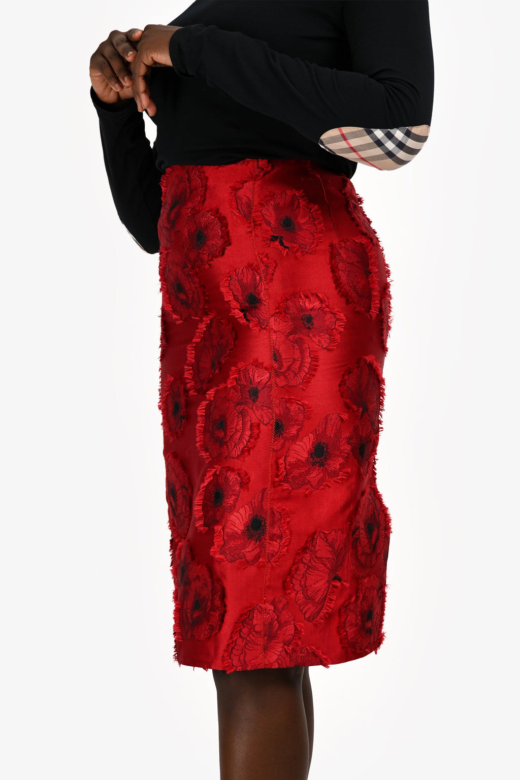 Oscar De La Renta Red Silk Blend Floral Applique Pencil Skirt Size 4