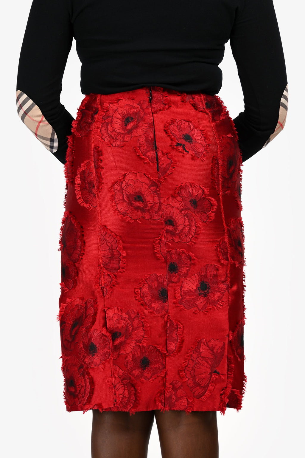Oscar De La Renta Red Silk Blend Floral Applique Pencil Skirt Size 4