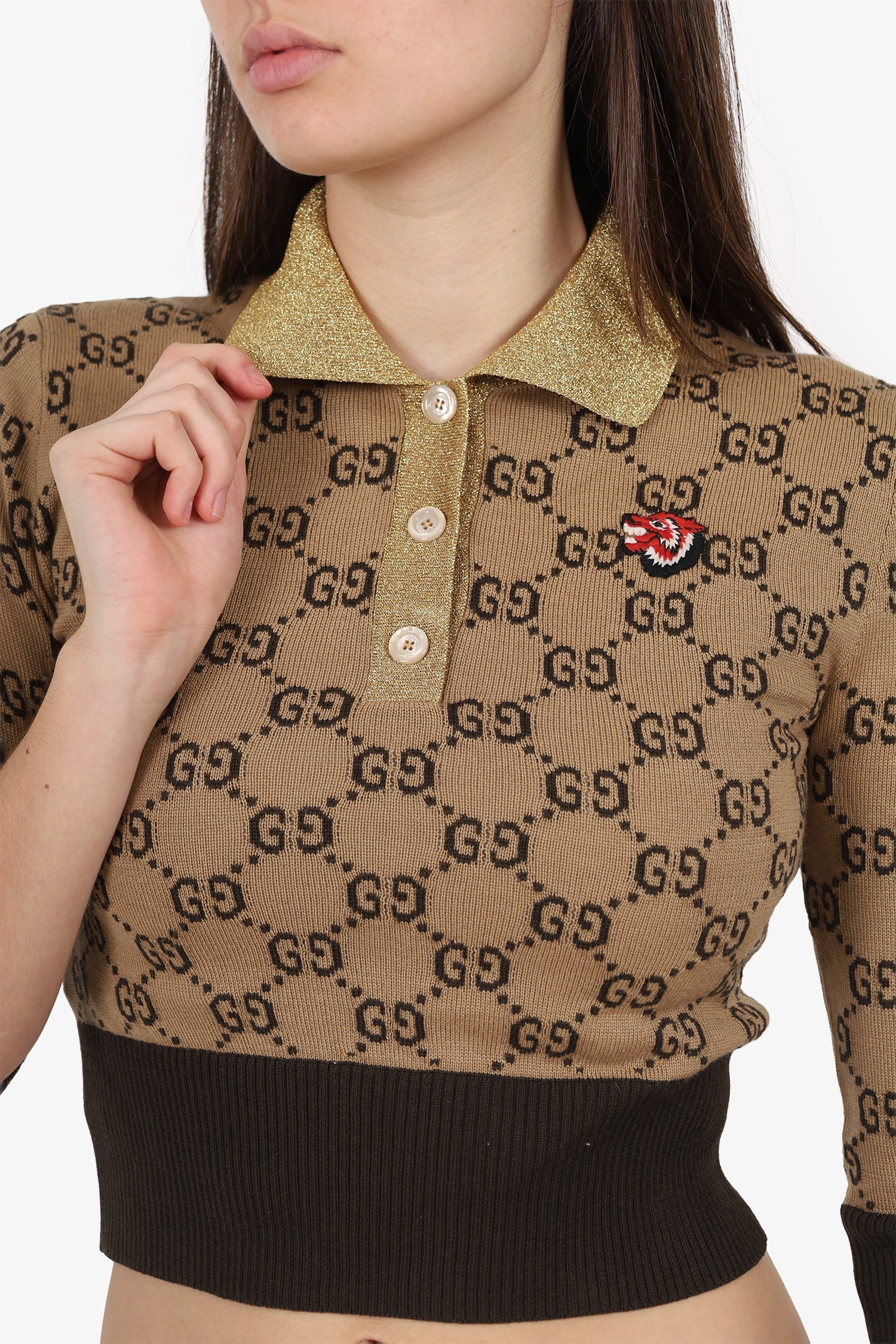 Gucci Beige/Gold Metallic Knit 'GG' Quarter-length Sleeve Top Size XS