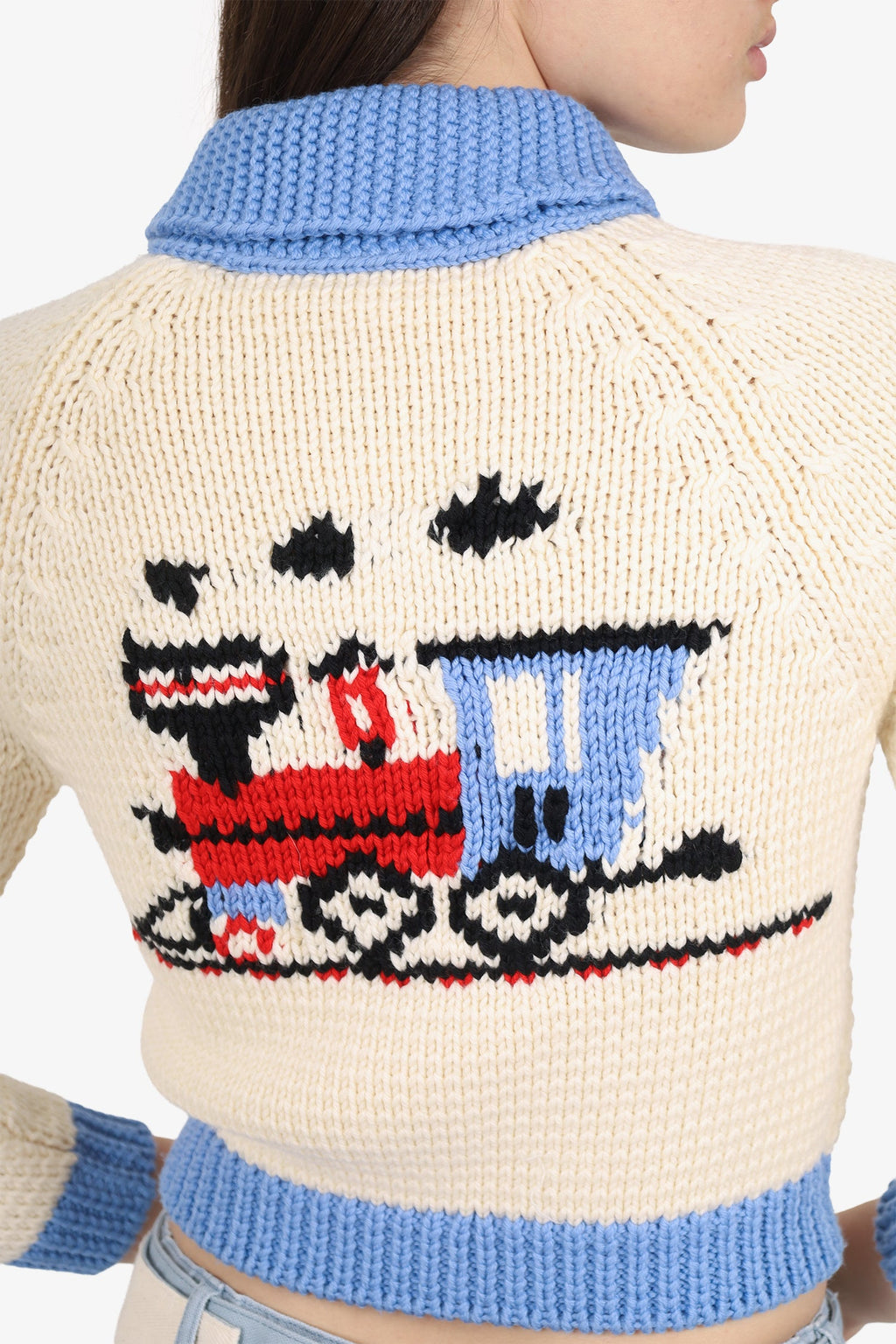 Miu Miu Cream/Blue Wool Train Knit 'Once Upon A Time' Zip Up Sweater Size 38