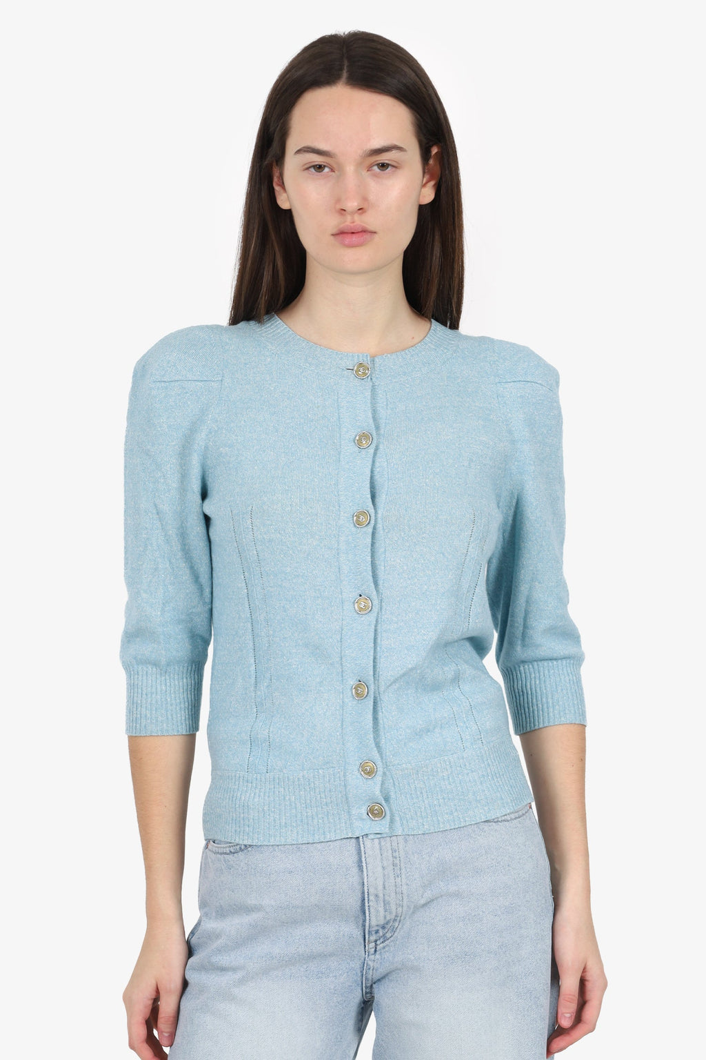 Pre-Loved Chanel™ Blue Linen/Cashmere Knit igan Size 36