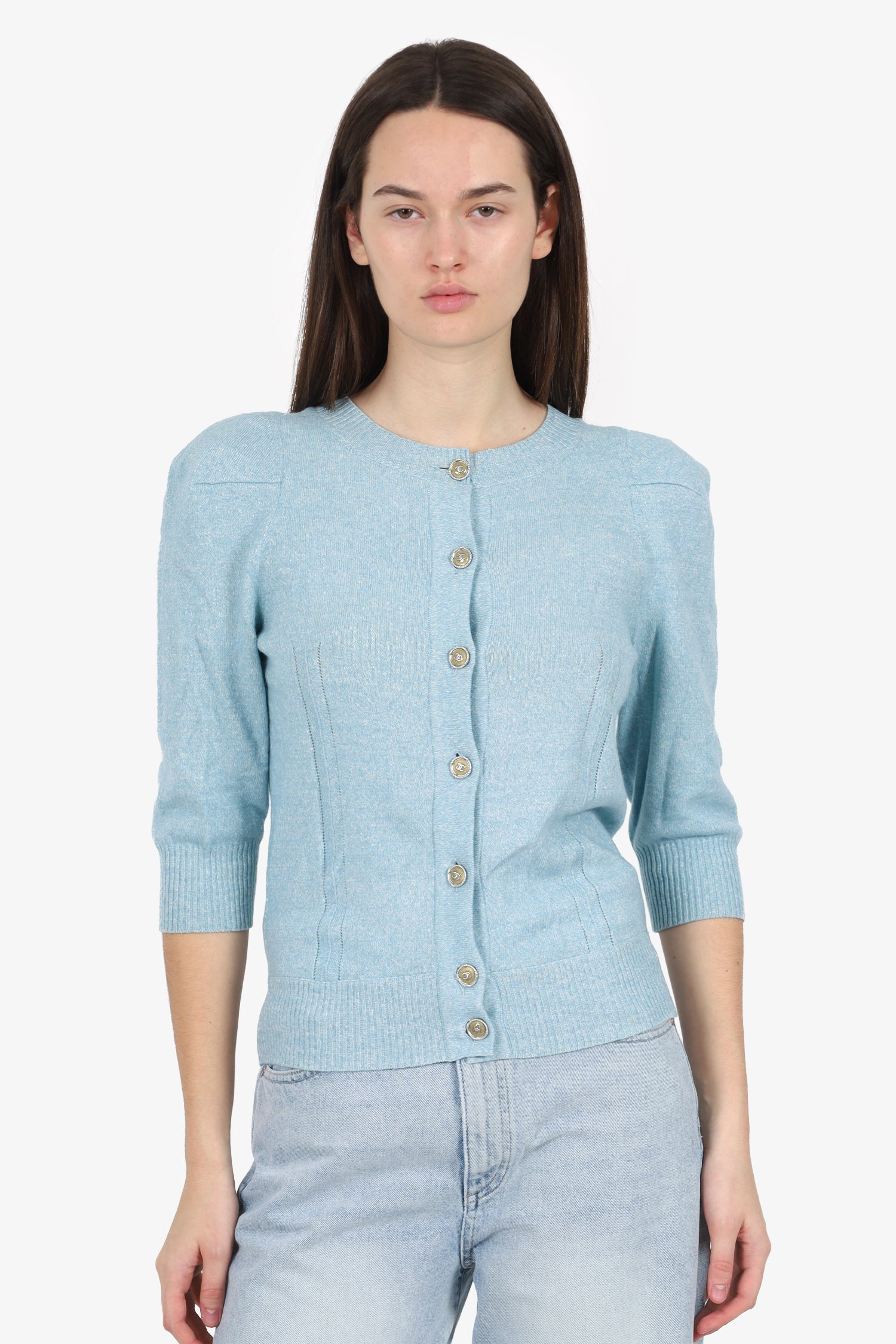 Pre-Loved Chanel™ Blue Linen/Cashmere Knit igan Size 36