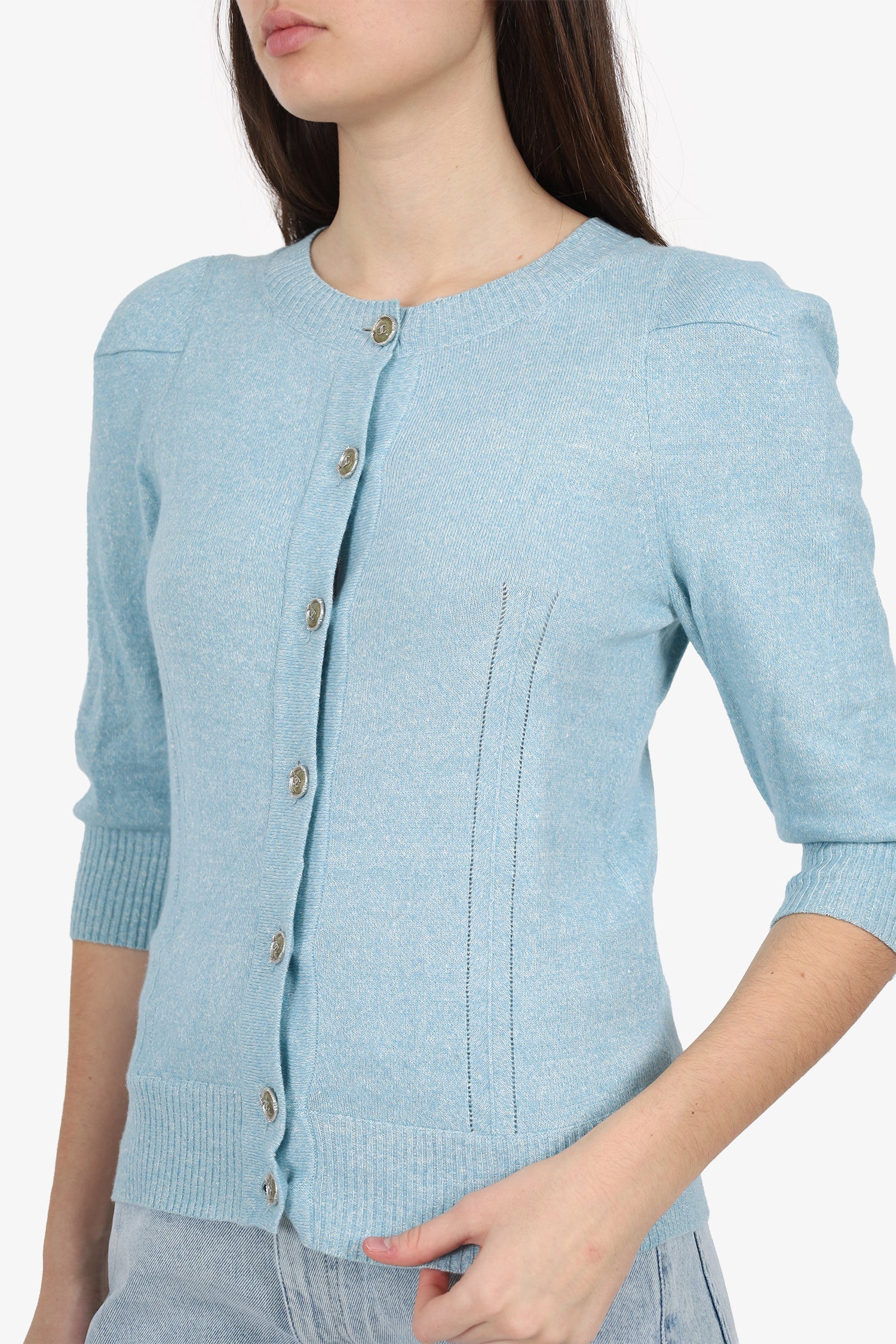 Pre-Loved Chanel™ Blue Linen/Cashmere Knit igan Size 36