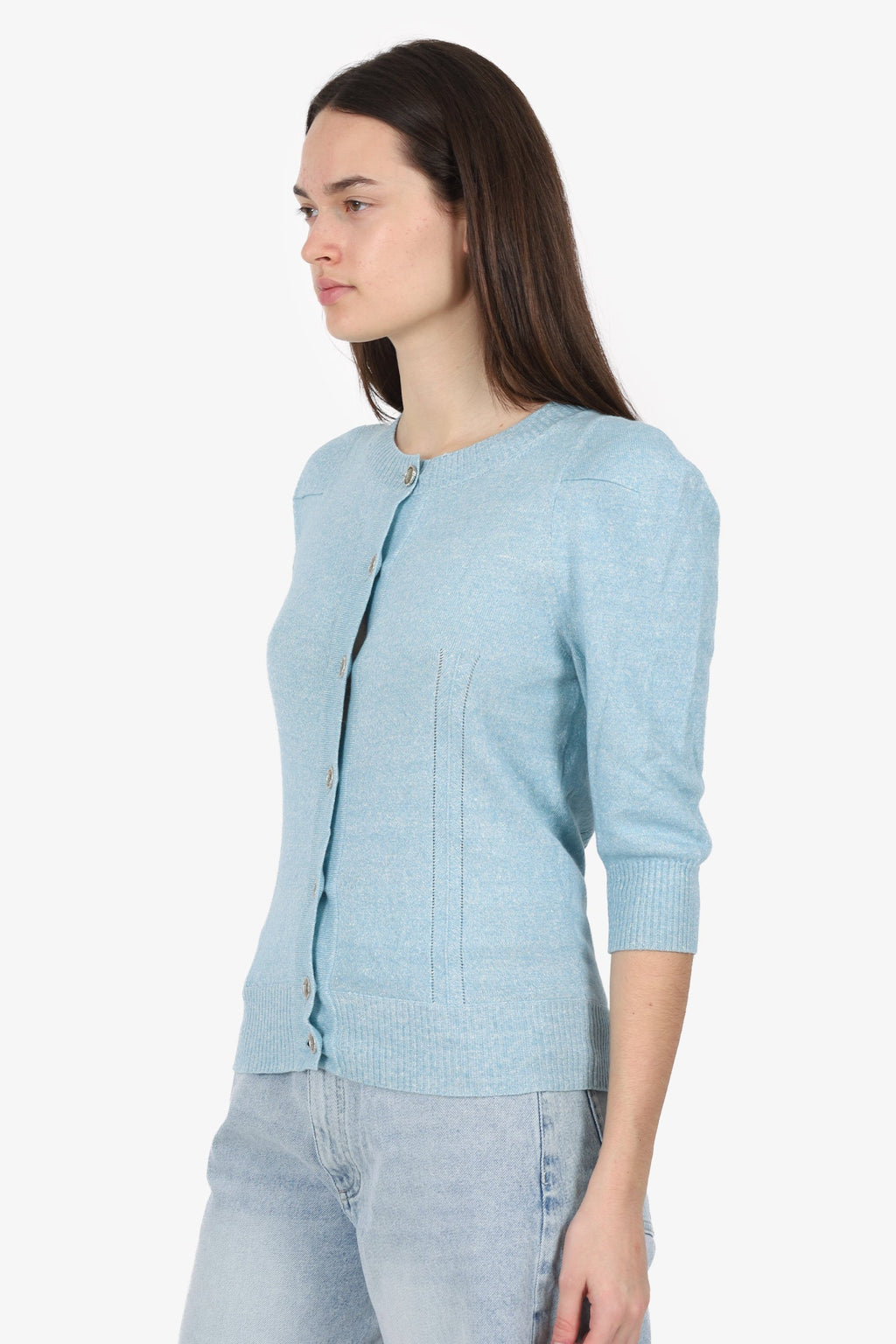 Pre-Loved Chanel™ Blue Linen/Cashmere Knit igan Size 36