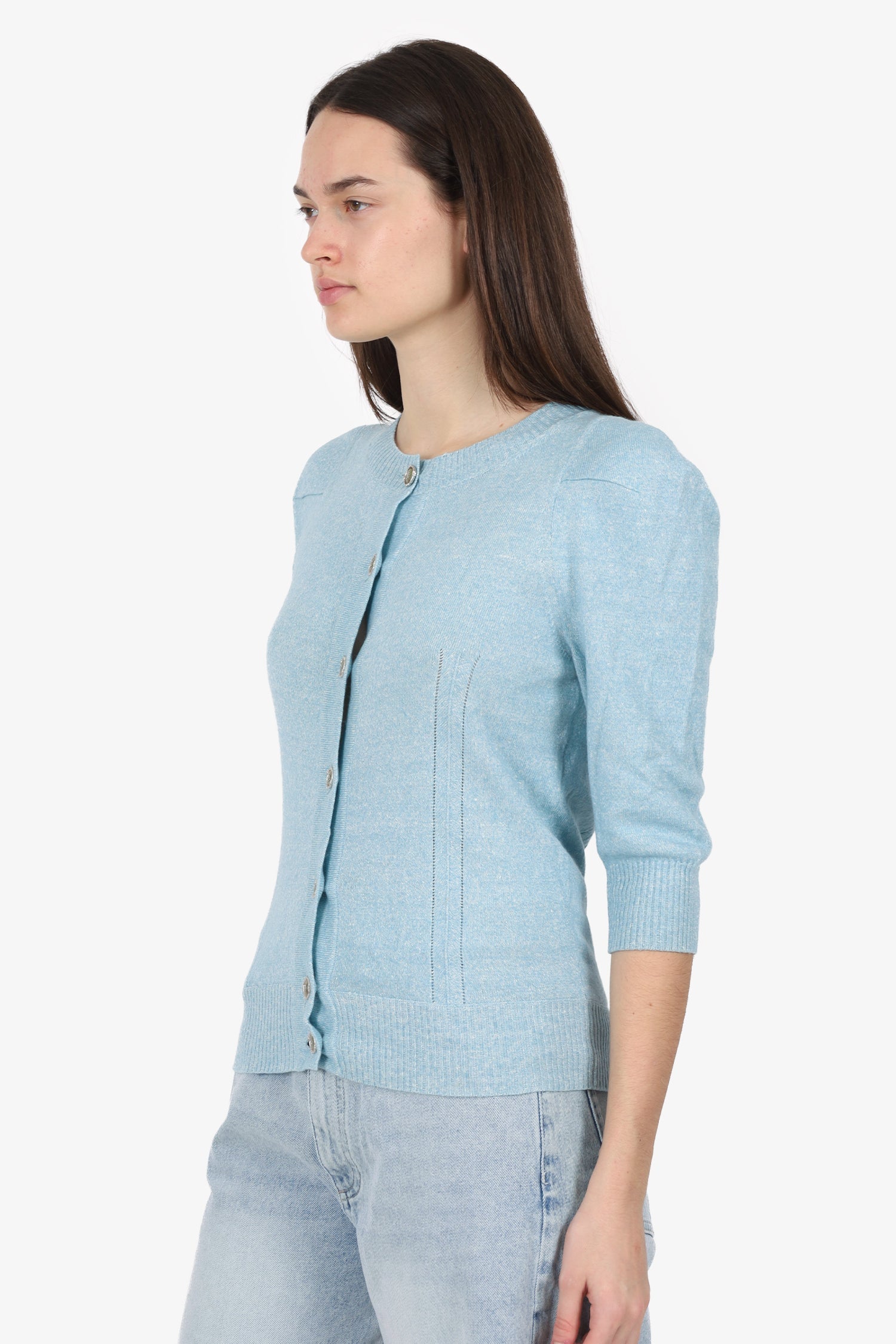 Pre-Loved Chanel™ Blue Linen/Cashmere Knit igan Size 36