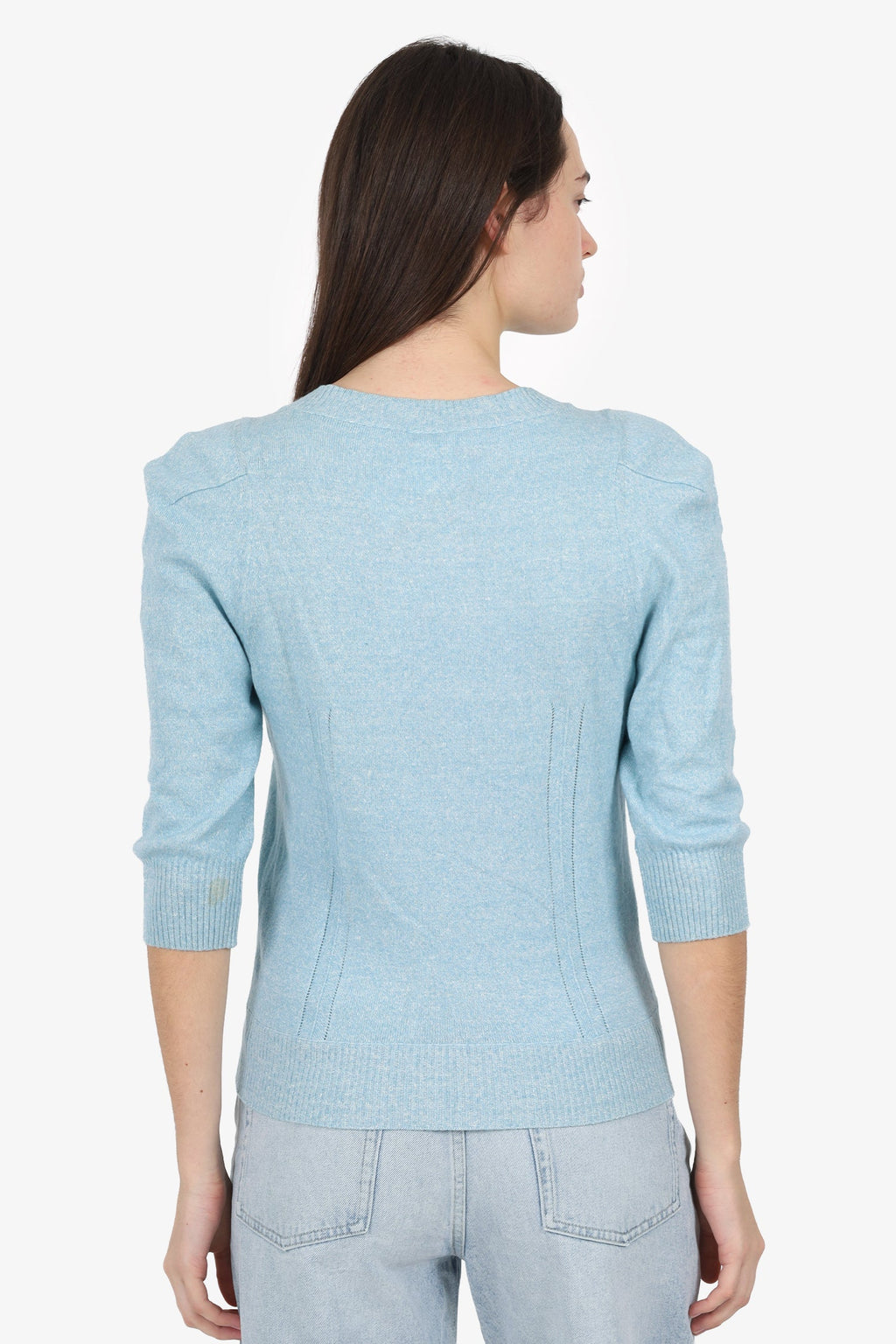Pre-Loved Chanel™ Blue Linen/Cashmere Knit igan Size 36