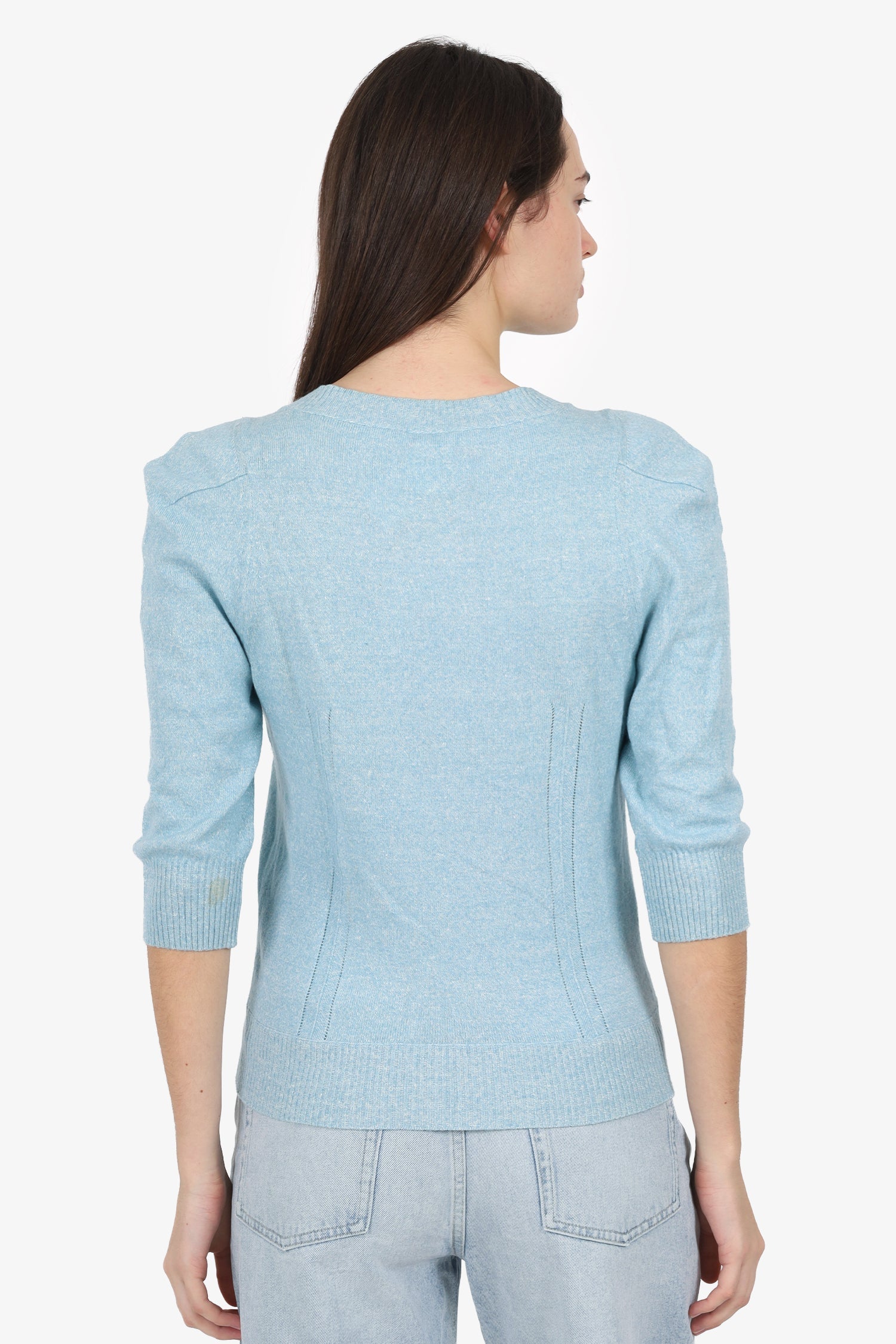 Pre-Loved Chanel™ Blue Linen/Cashmere Knit igan Size 36