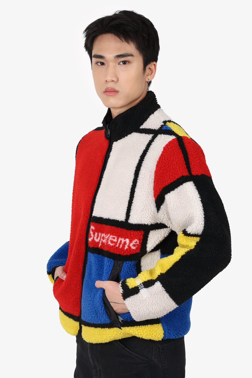 Supreme Black/Red/Yellow Colourblock Reversible Fleece Zip Up Sweater Size M Mens