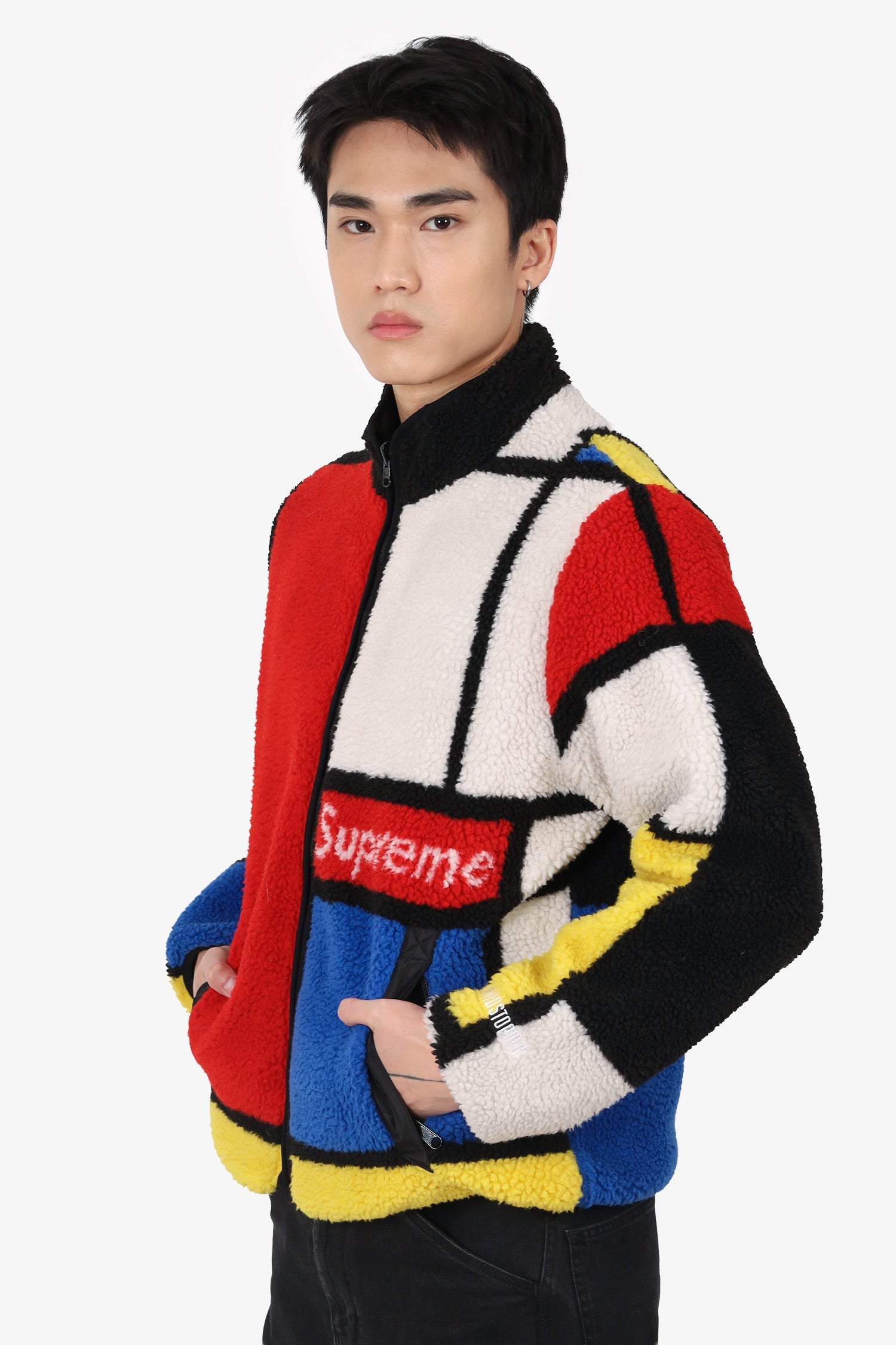 Supreme Black/Red/Yellow Colourblock Reversible Fleece Zip Up Sweater Size M Mens