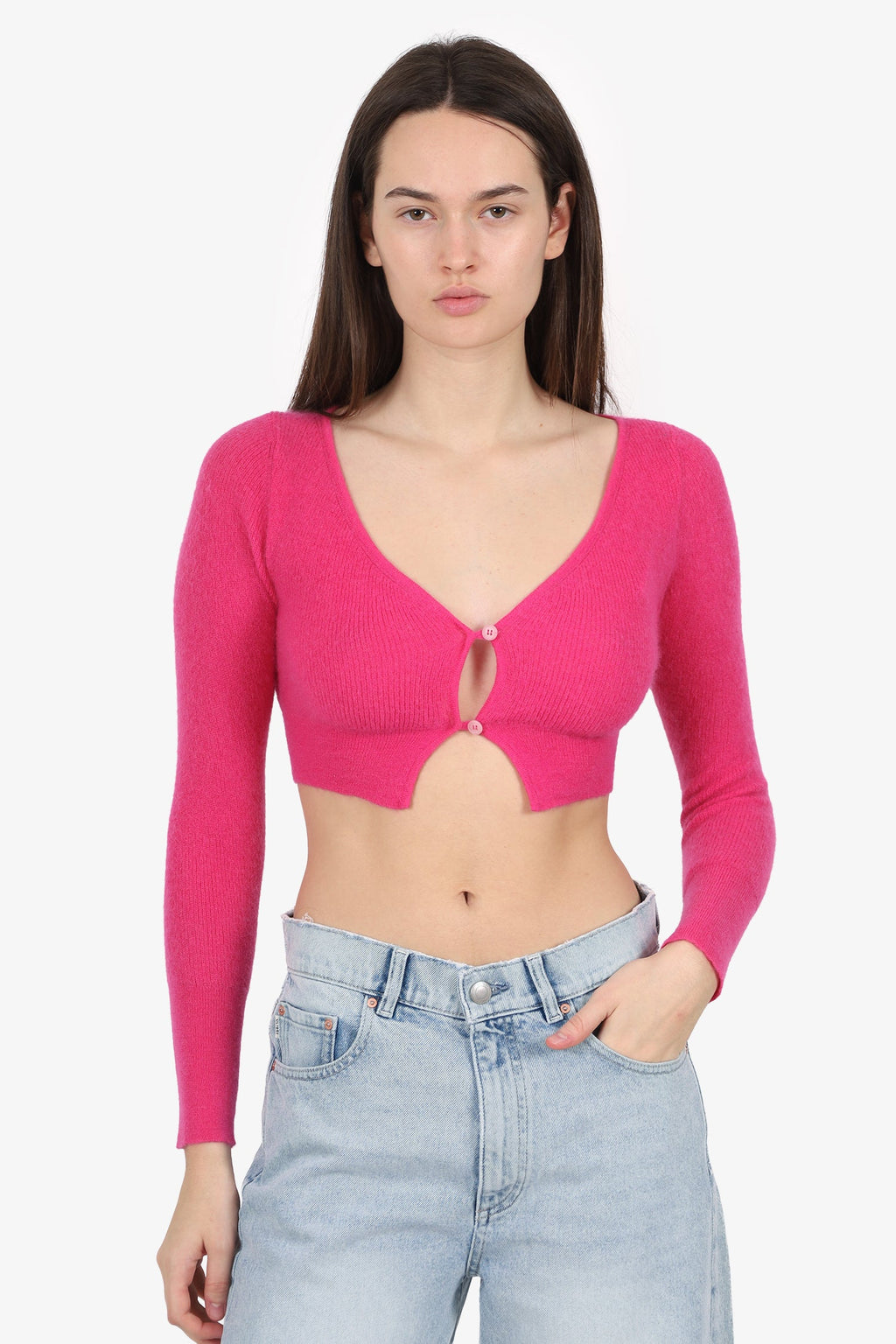 Jacquemus Pink Mohair Long Sleeve Cropped igan Size 34