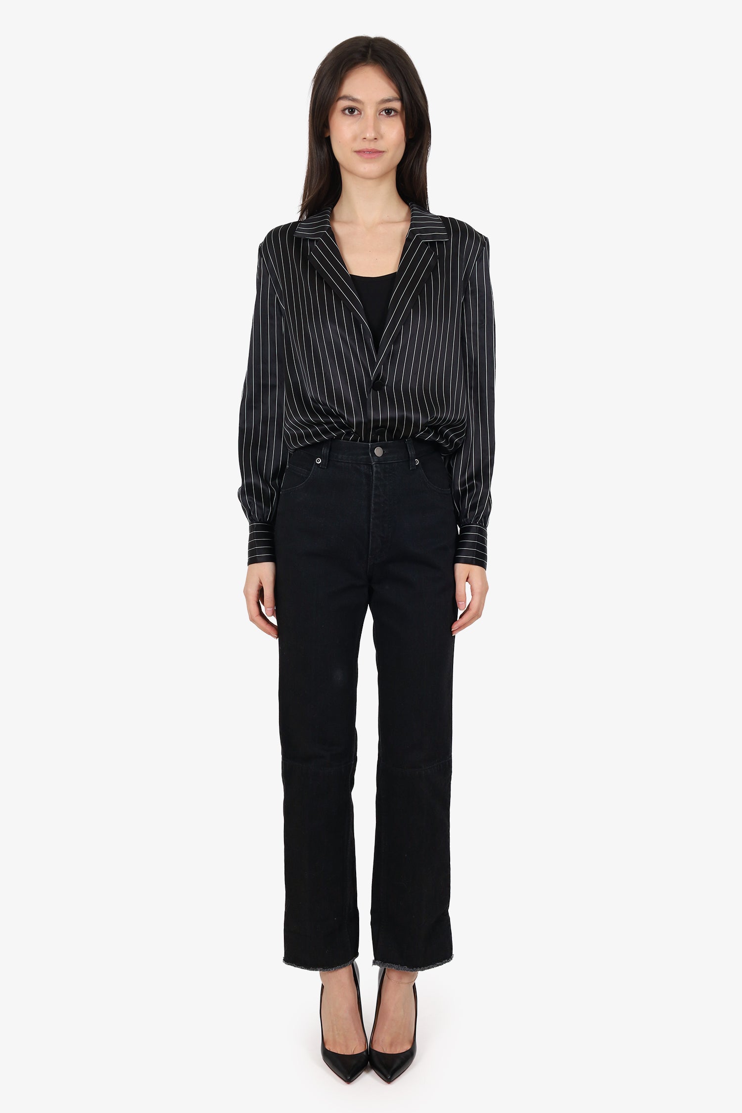 Celine Black Denim High Waisted Turn Up Hem Jeans Size 34