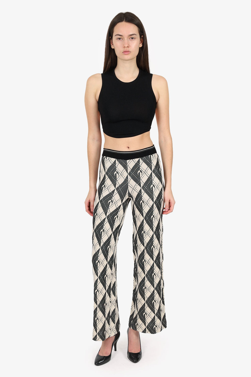 Marine Serre Cream/Black Knit 'Argyle' Wide Leg Pants Estimated Size S