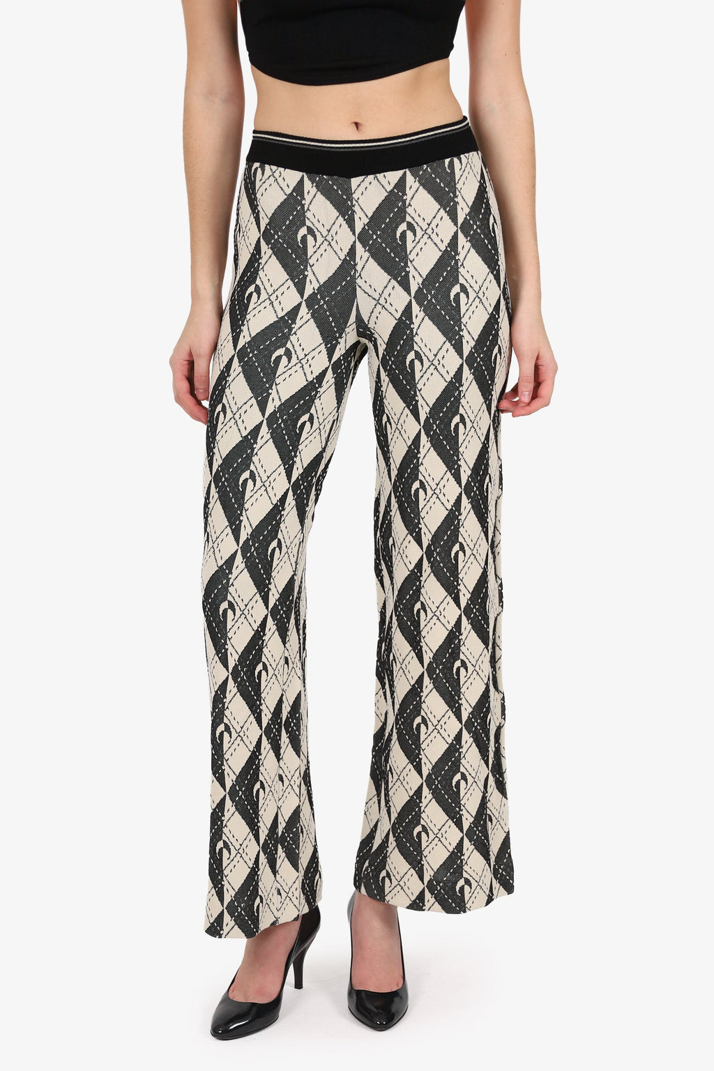 Marine Serre Cream/Black Knit 'Argyle' Wide Leg Pants Estimated Size S