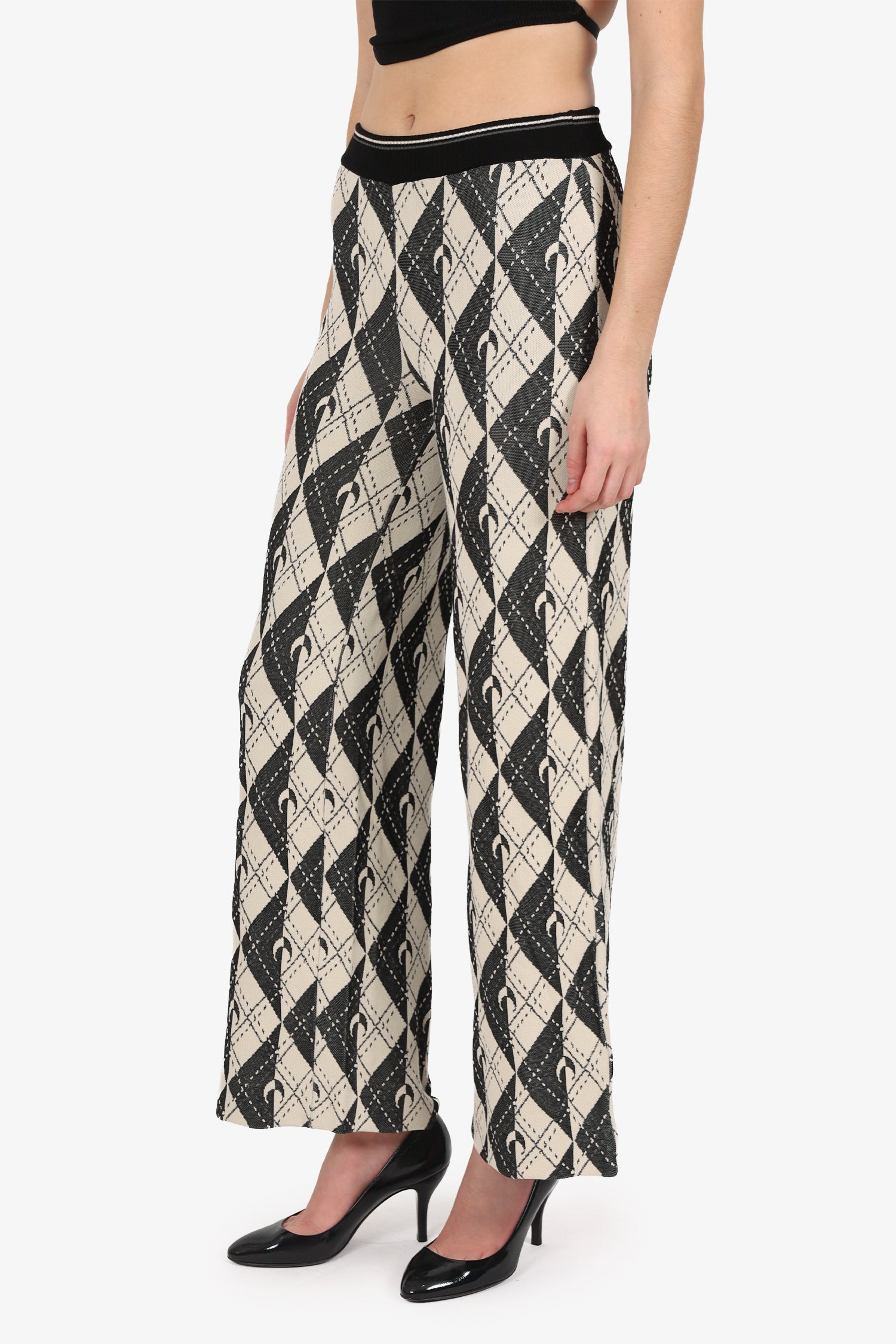 Marine Serre Cream/Black Knit 'Argyle' Wide Leg Pants Estimated Size S
