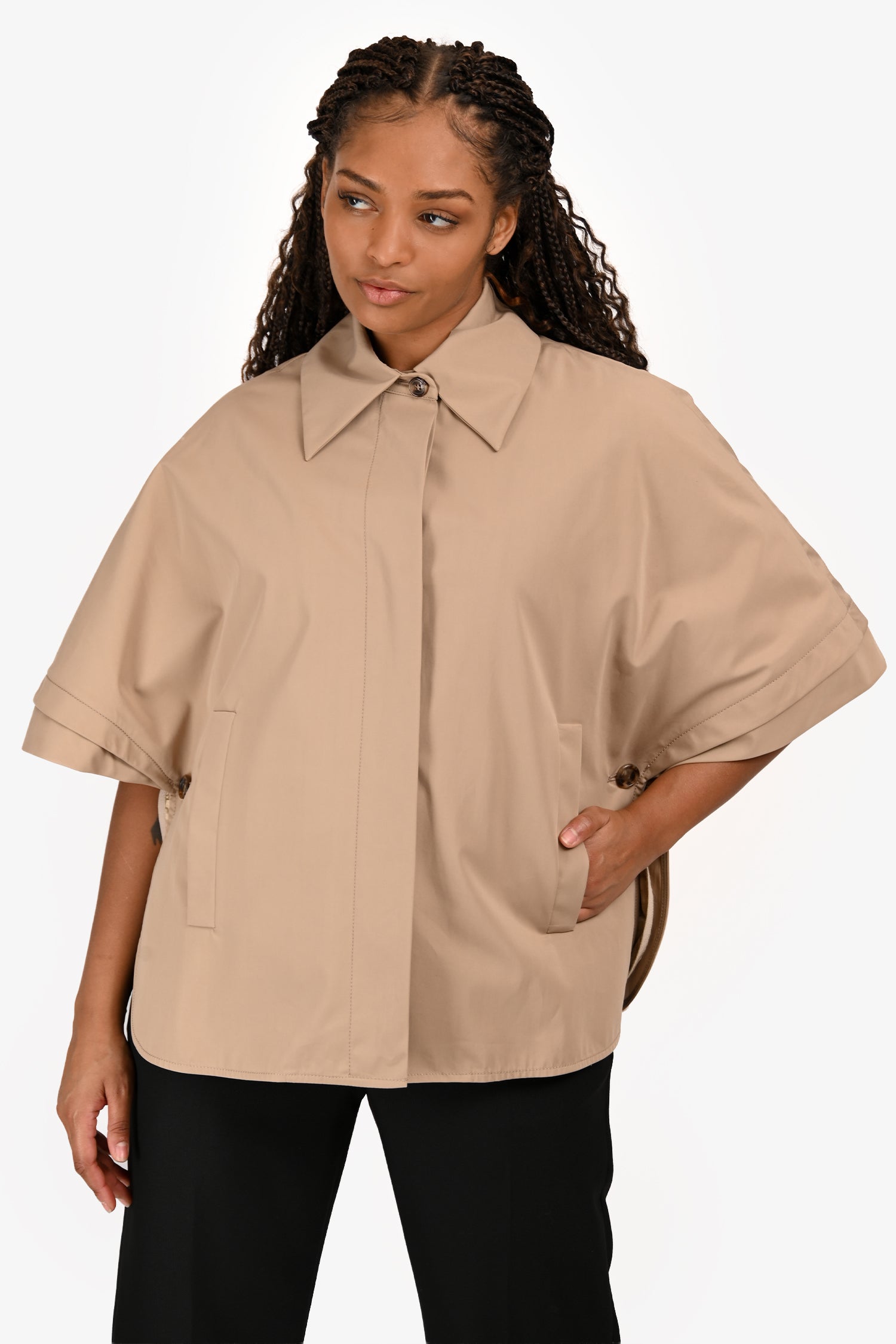 Max Mara Brown Cotton Button Down Trench Cape Size S/M with Liner