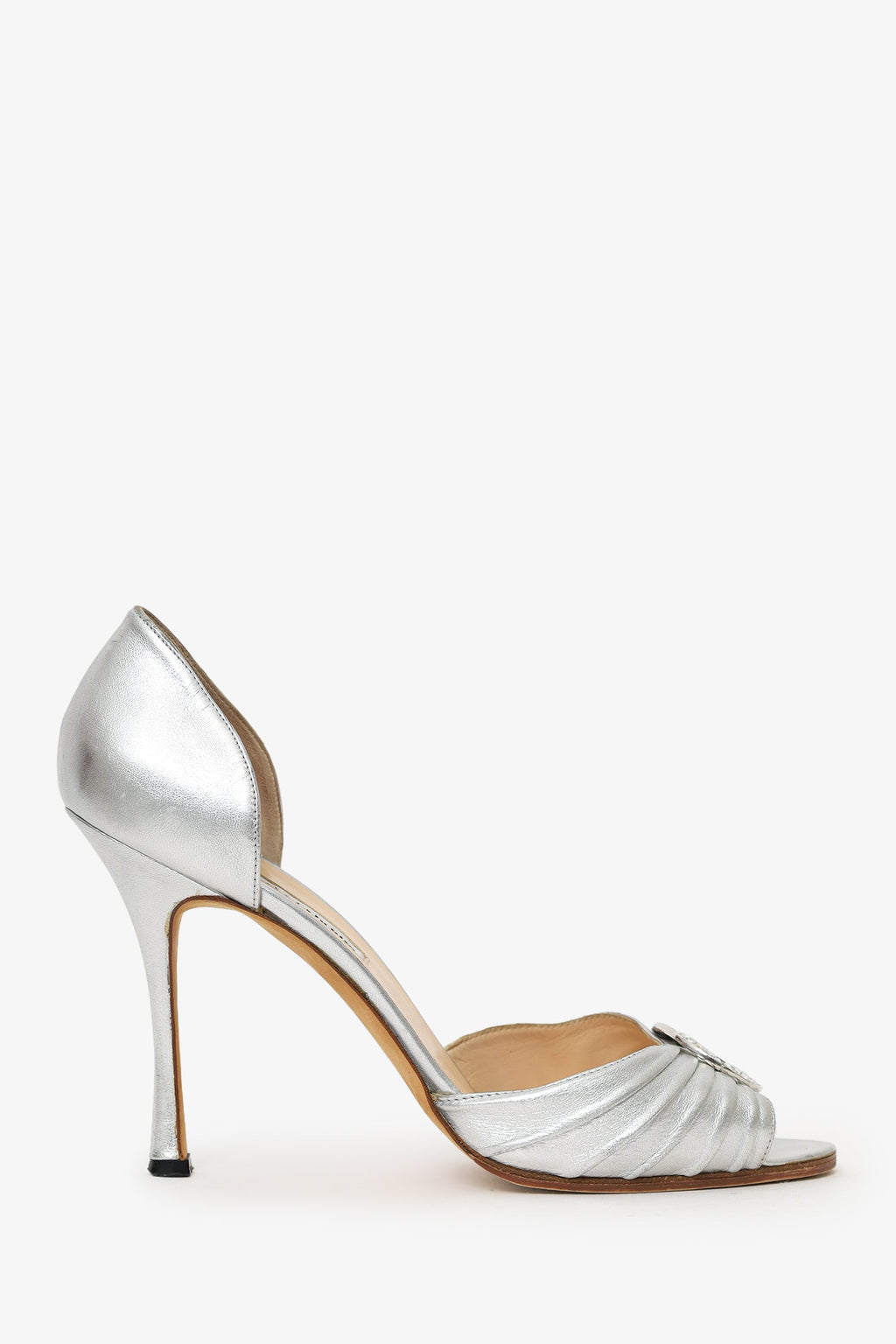 Manolo Blahnik Silver Leather Crystal Buckle Heels Size 41