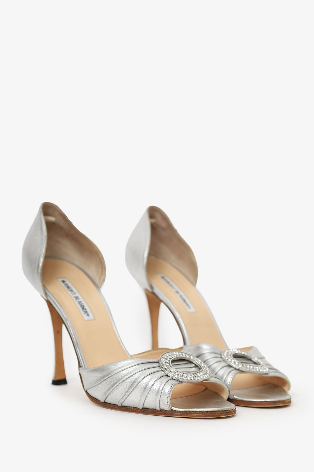 Manolo Blahnik Silver Leather Crystal Buckle Heels Size 41