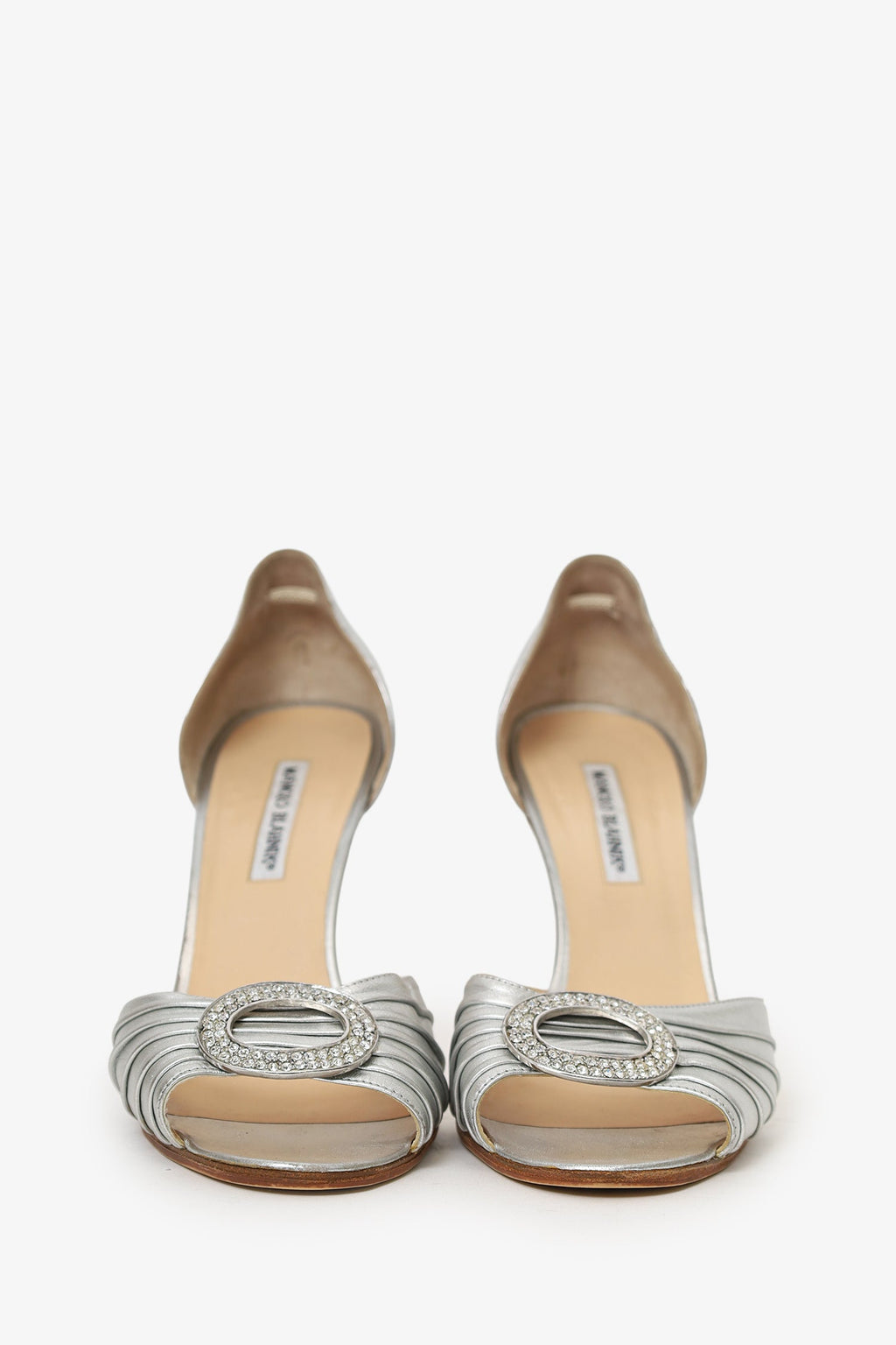 Manolo Blahnik Silver Leather Crystal Buckle Heels Size 41