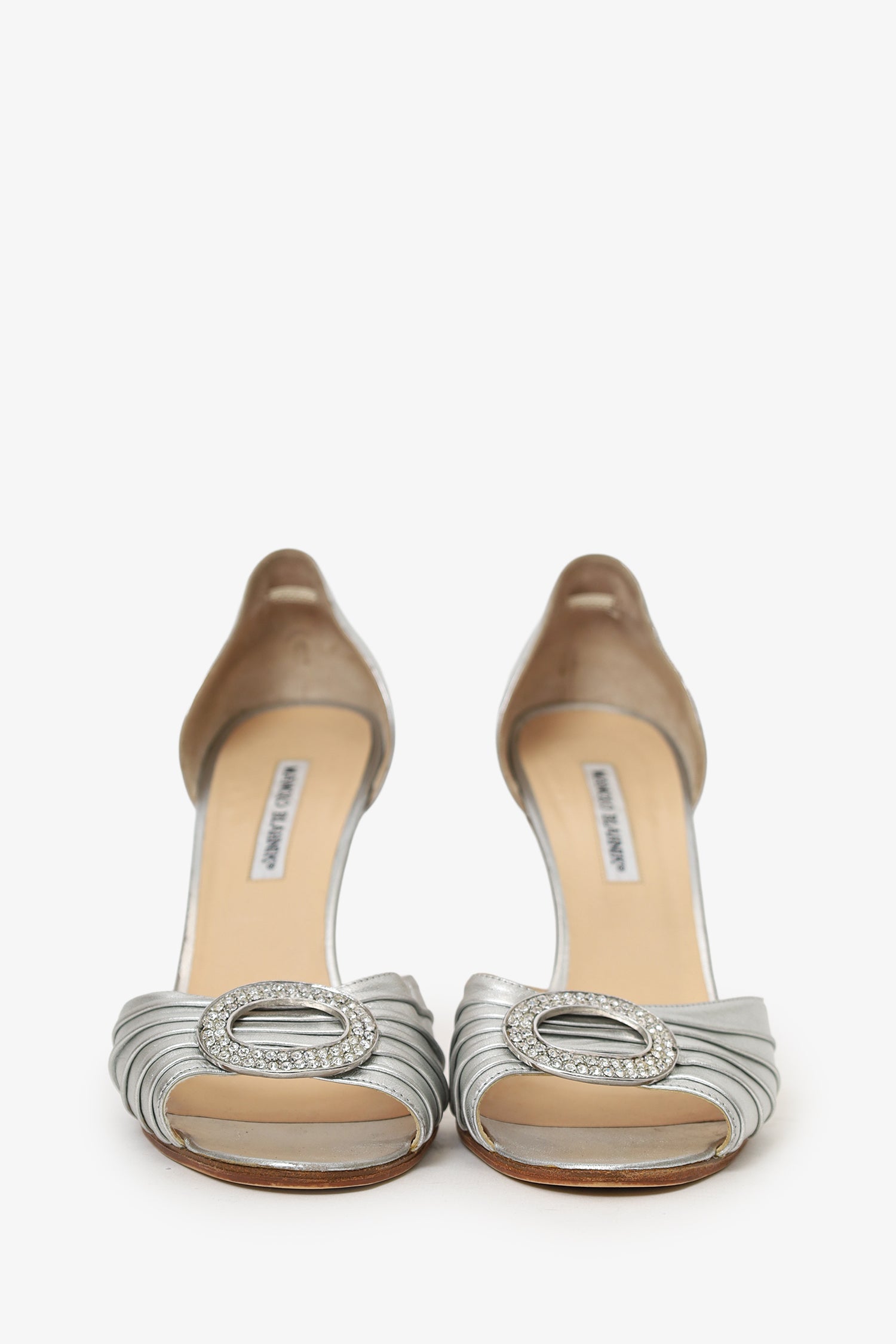 Manolo Blahnik Silver Leather Crystal Buckle Heels Size 41