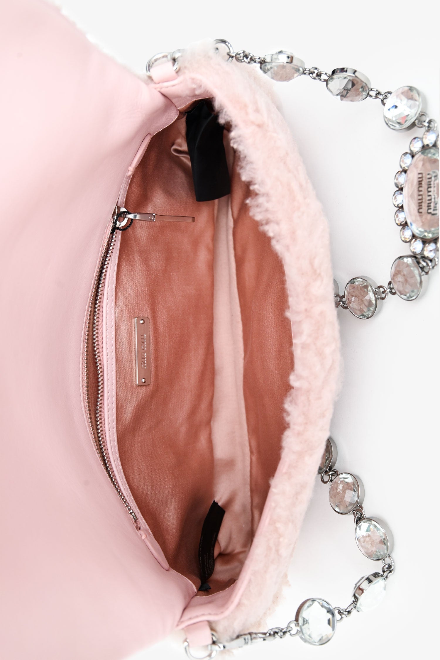 Miu Miu 2018 Pink Shearling 'Montone' Crystal Shoulder Bag