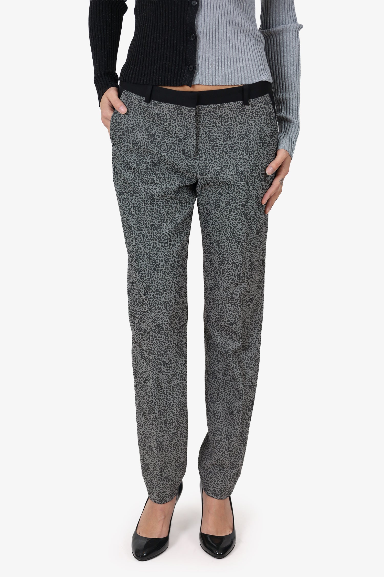 The Kooples Grey Wool Leopard Print Trousers Size 38