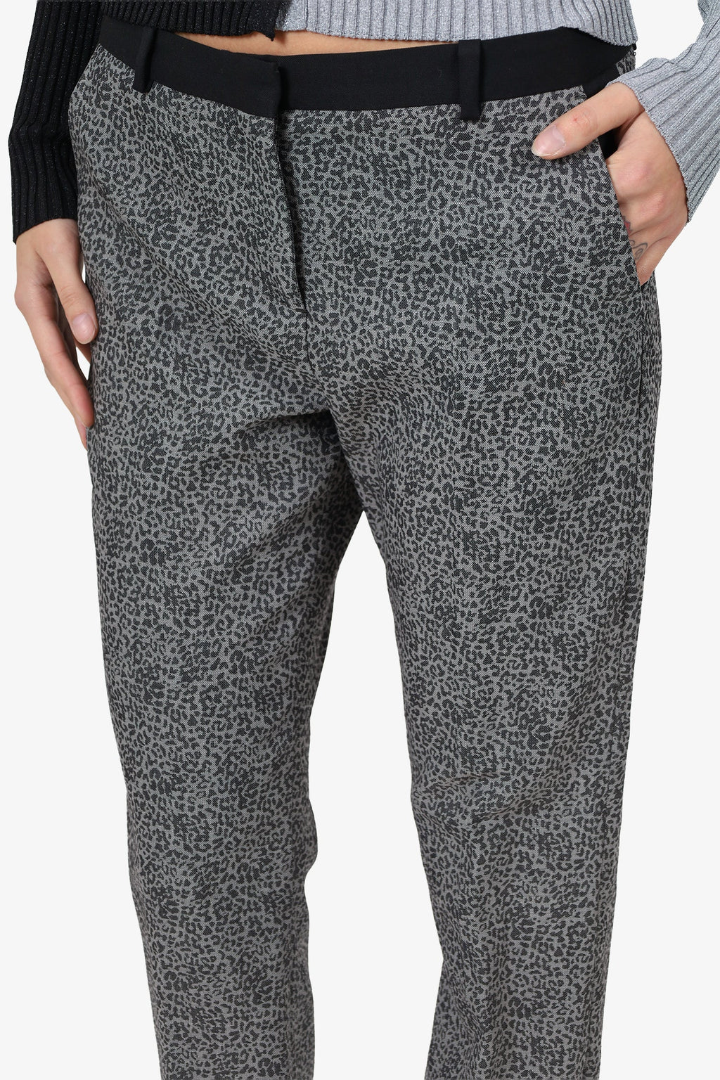 The Kooples Grey Wool Leopard Print Trousers Size 38