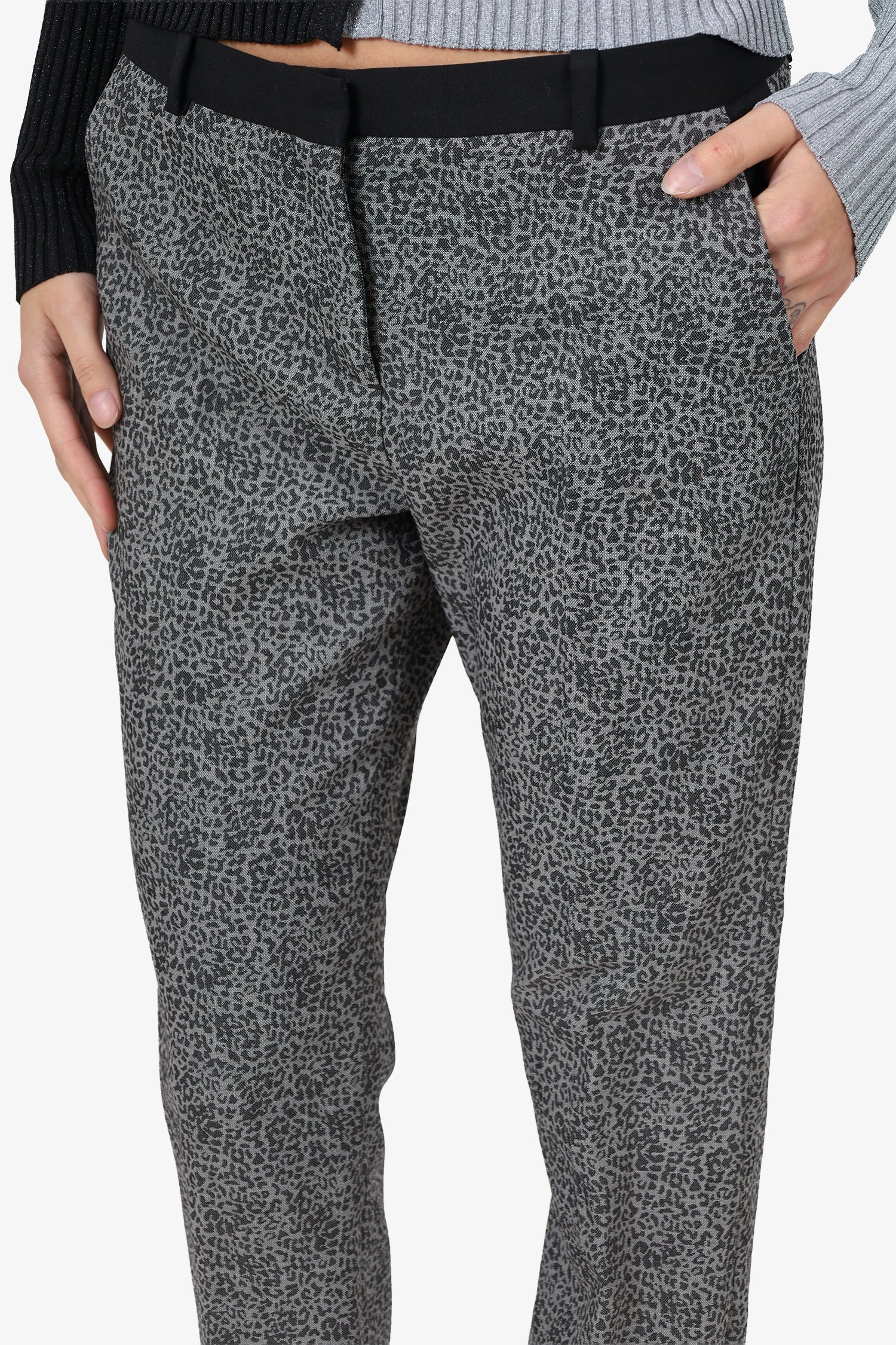 The Kooples Grey Wool Leopard Print Trousers Size 38