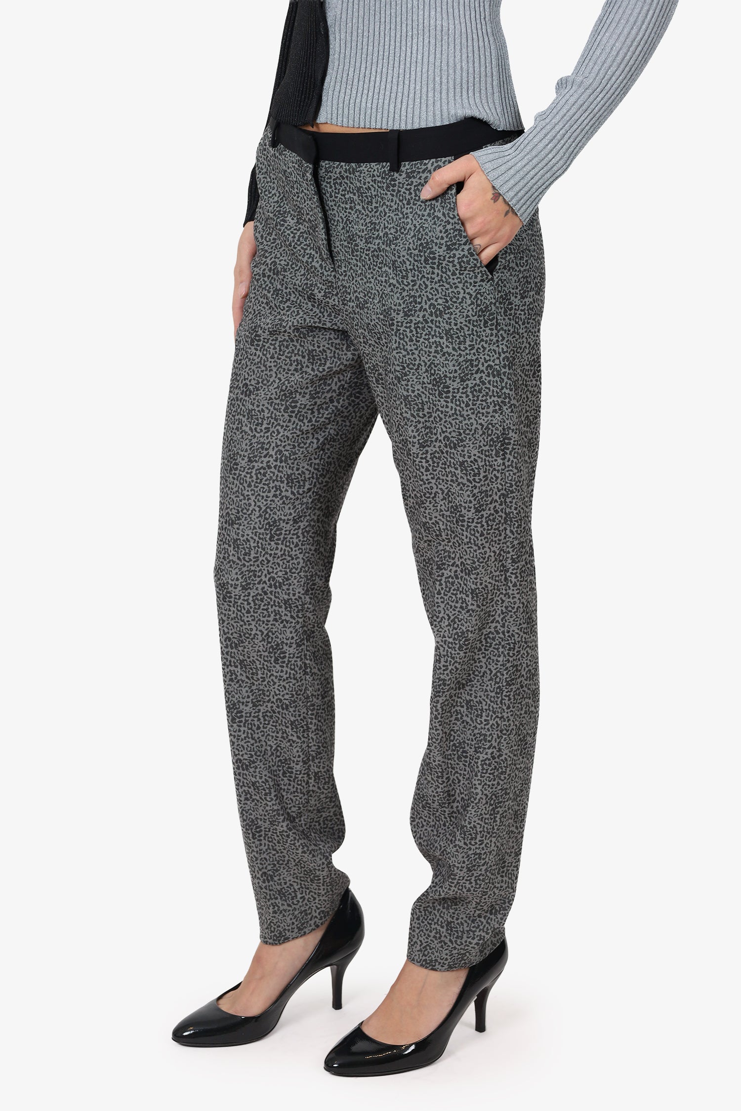 The Kooples Grey Wool Leopard Print Trousers Size 38