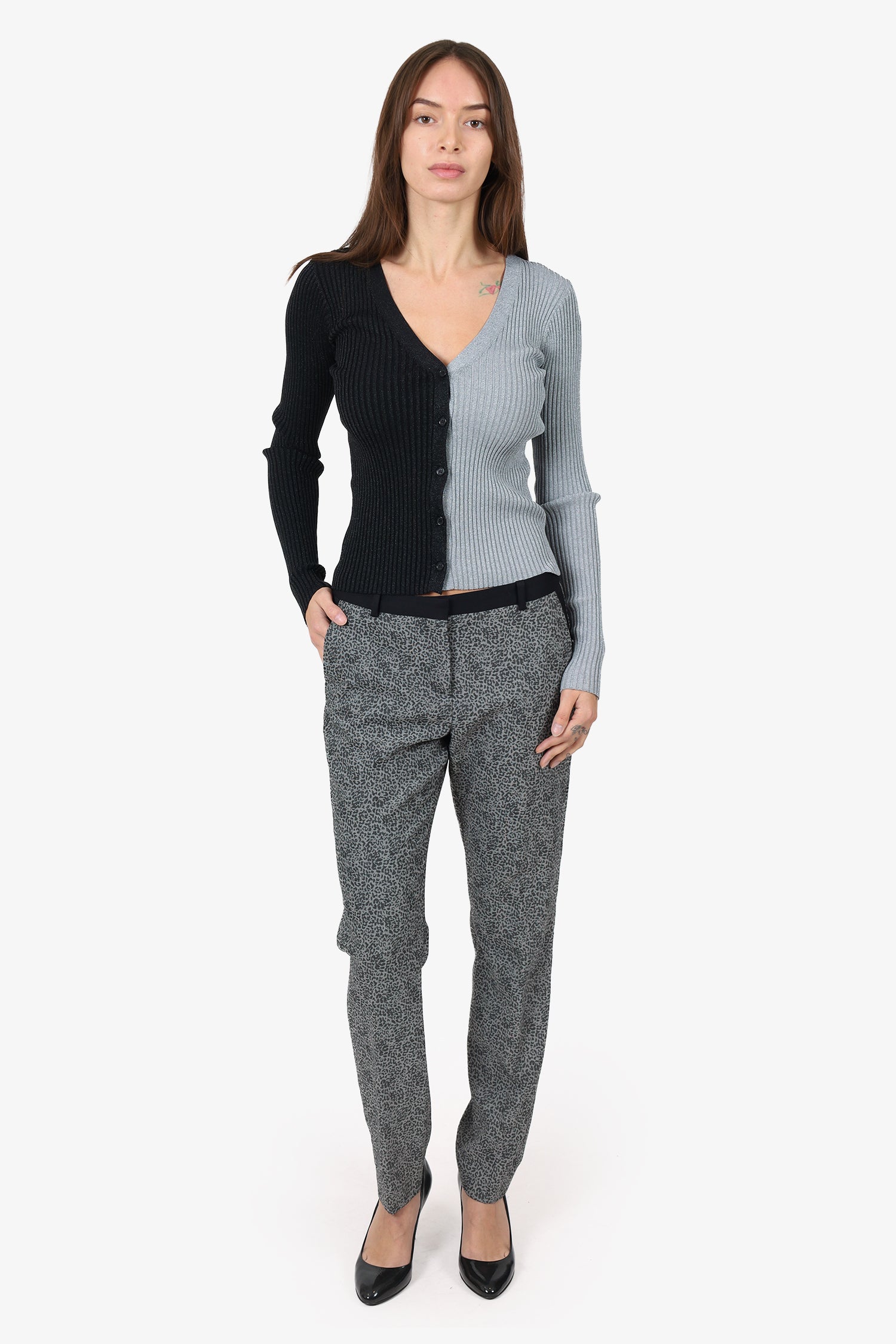 The Kooples Grey Wool Leopard Print Trousers Size 38