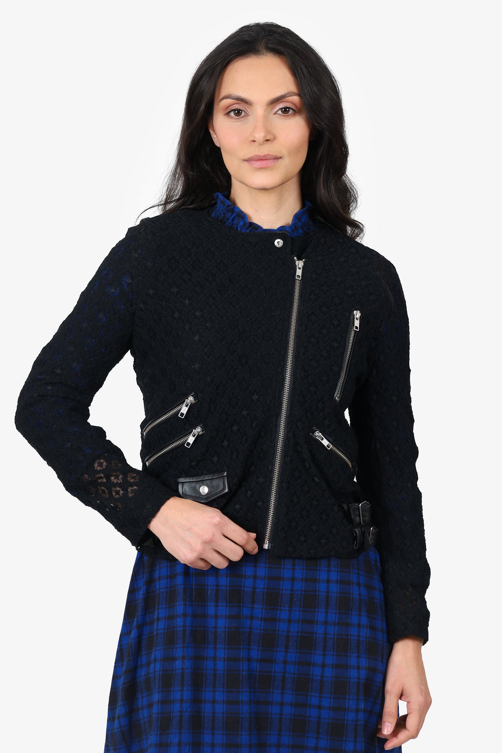The Kooples Black Lace/Leather Trim Moto Jacket Size S