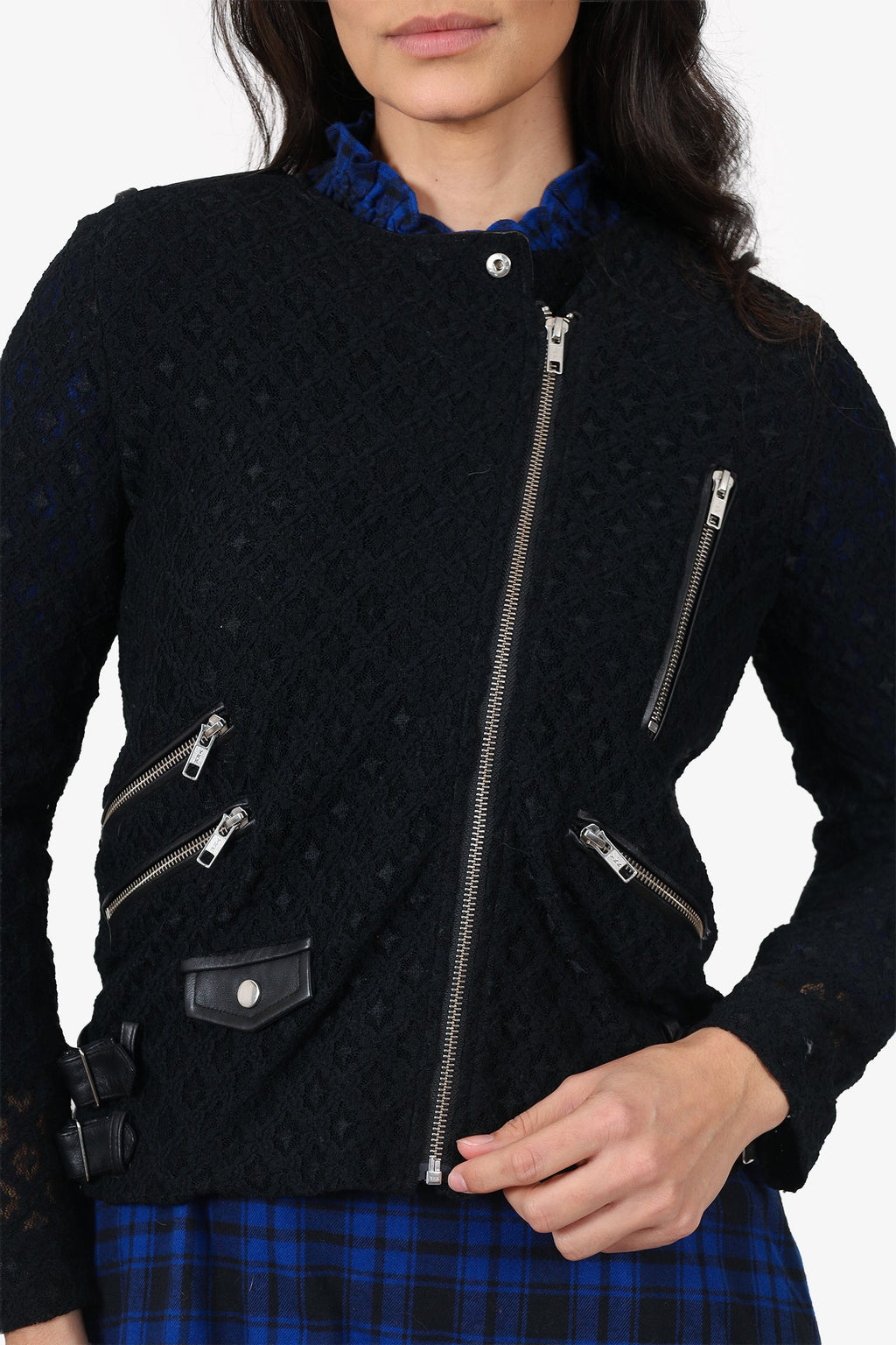 The Kooples Black Lace/Leather Trim Moto Jacket Size S