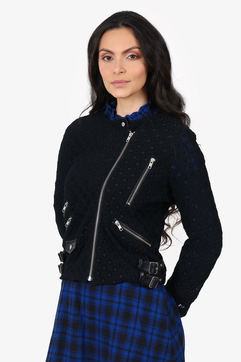 The Kooples Black Lace/Leather Trim Moto Jacket Size S