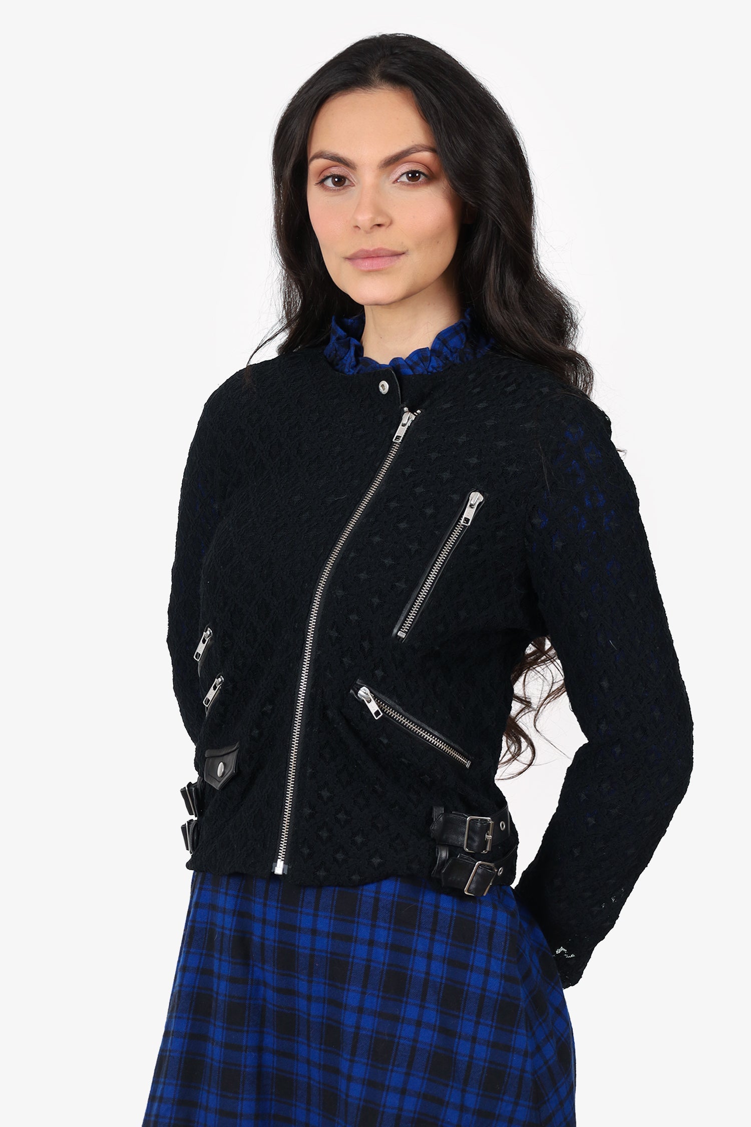 The Kooples Black Lace/Leather Trim Moto Jacket Size S