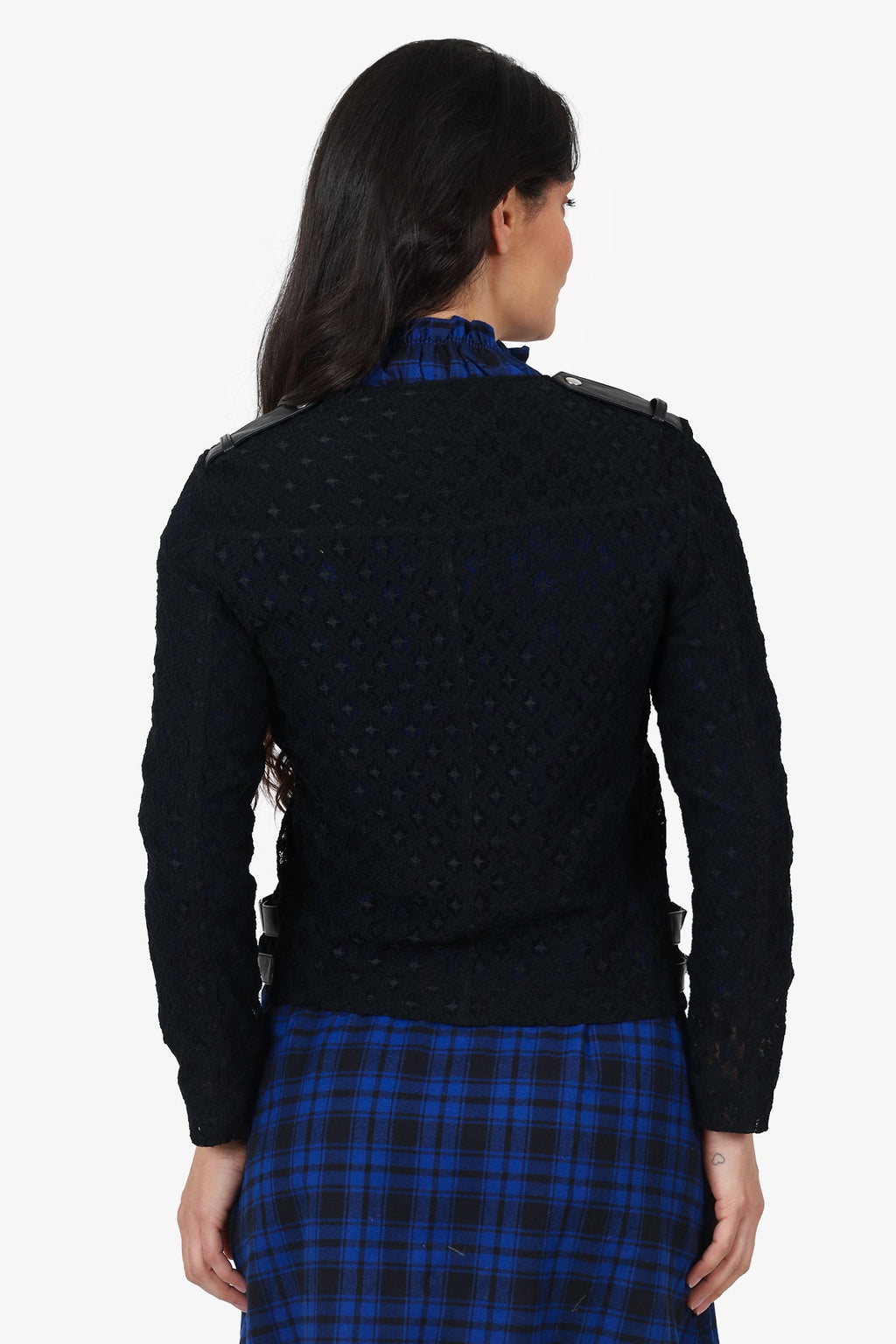 The Kooples Black Lace/Leather Trim Moto Jacket Size S