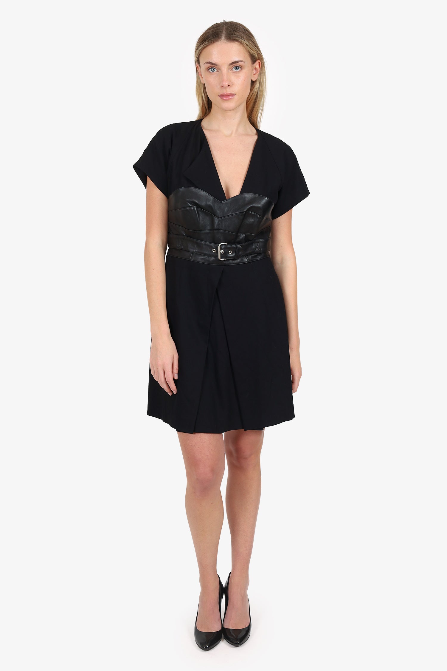 MCQ Alexander McQueen Black Leather/Wood Belted Mini Dress Size 42