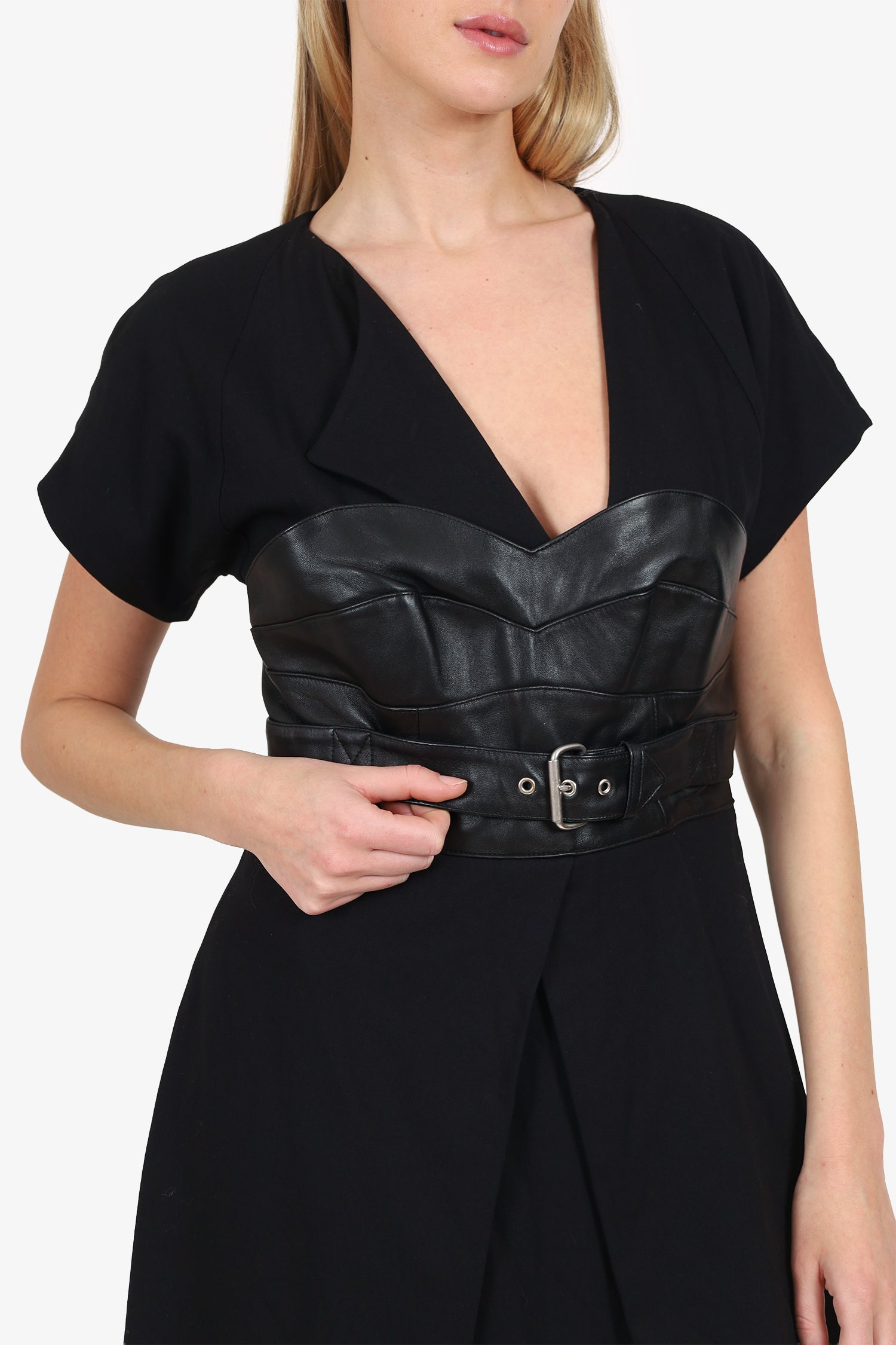MCQ Alexander McQueen Black Leather/Wood Belted Mini Dress Size 42