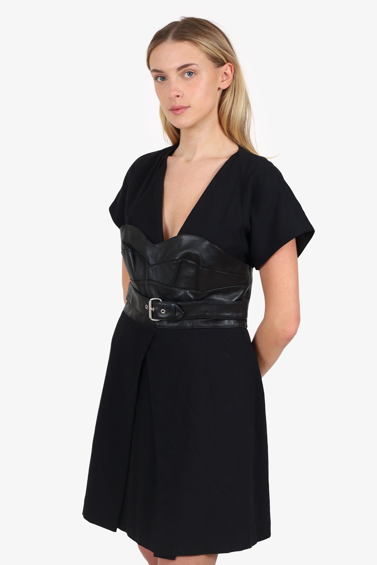 MCQ Alexander McQueen Black Leather/Wood Belted Mini Dress Size 42