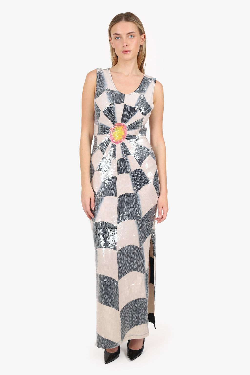 Rock 'N Karma Cream/Navy Blue Sequin Maxi Dress Size S