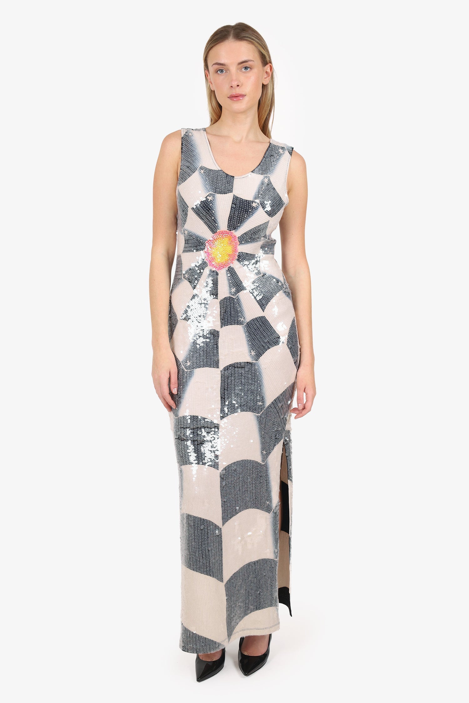 Rock 'N Karma Cream/Navy Blue Sequin Maxi Dress Size S