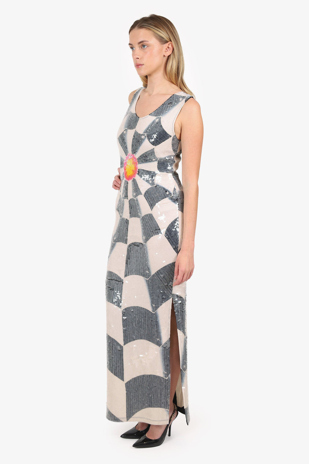 Rock 'N Karma Cream/Navy Blue Sequin Maxi Dress Size S