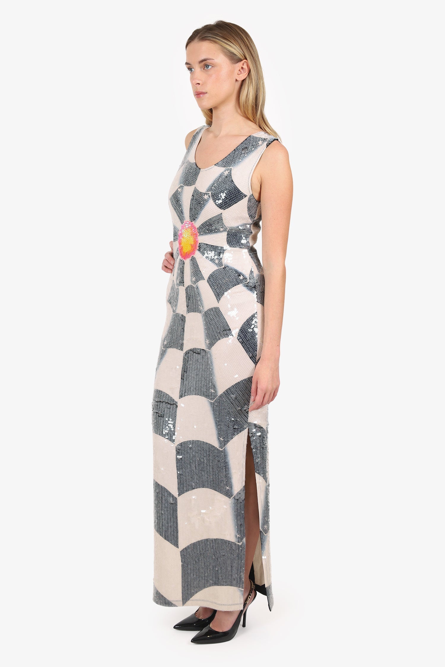 Rock 'N Karma Cream/Navy Blue Sequin Maxi Dress Size S