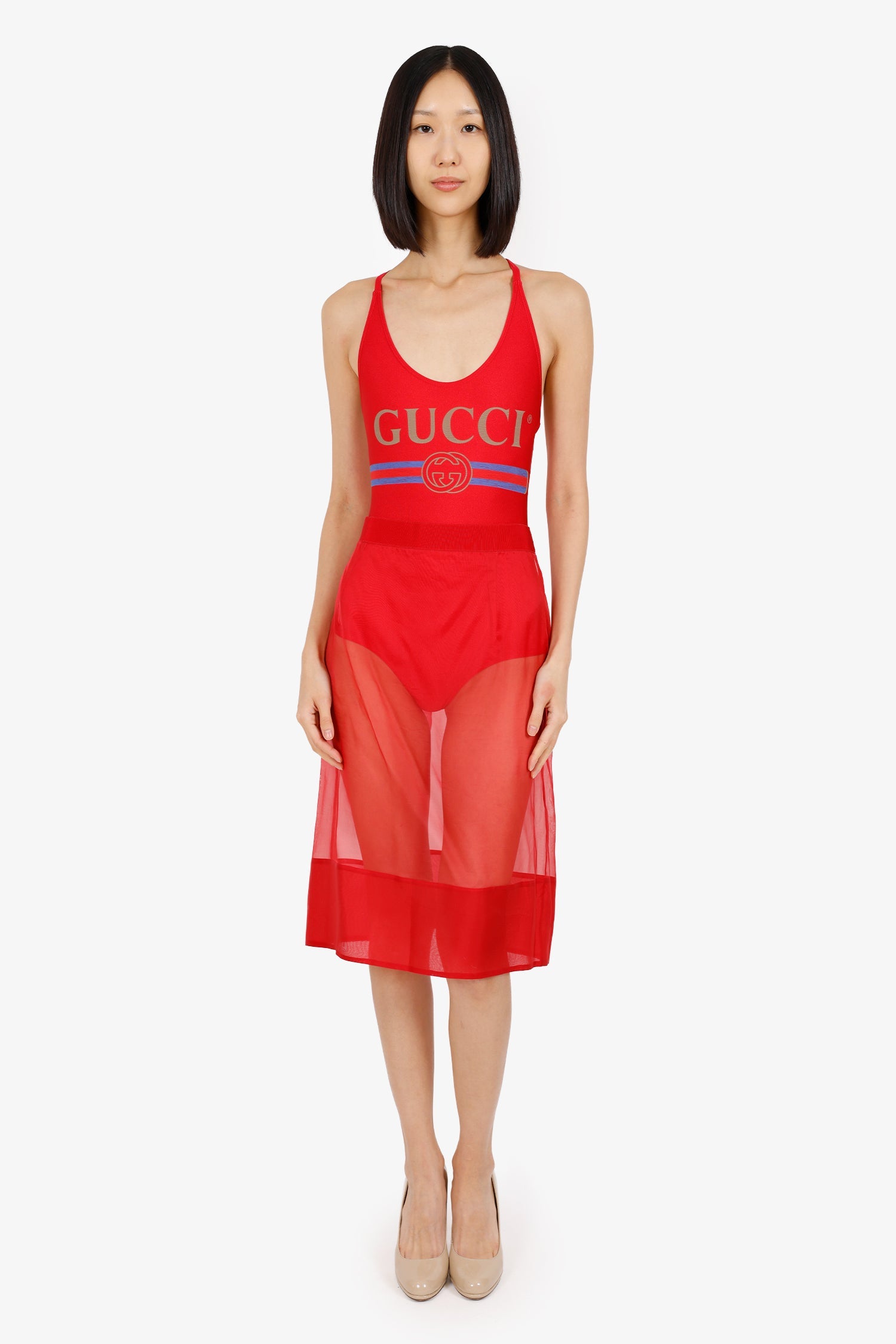 Giambattista Valli Red Organza Sheer Knee Length Skirt Estimated Size M